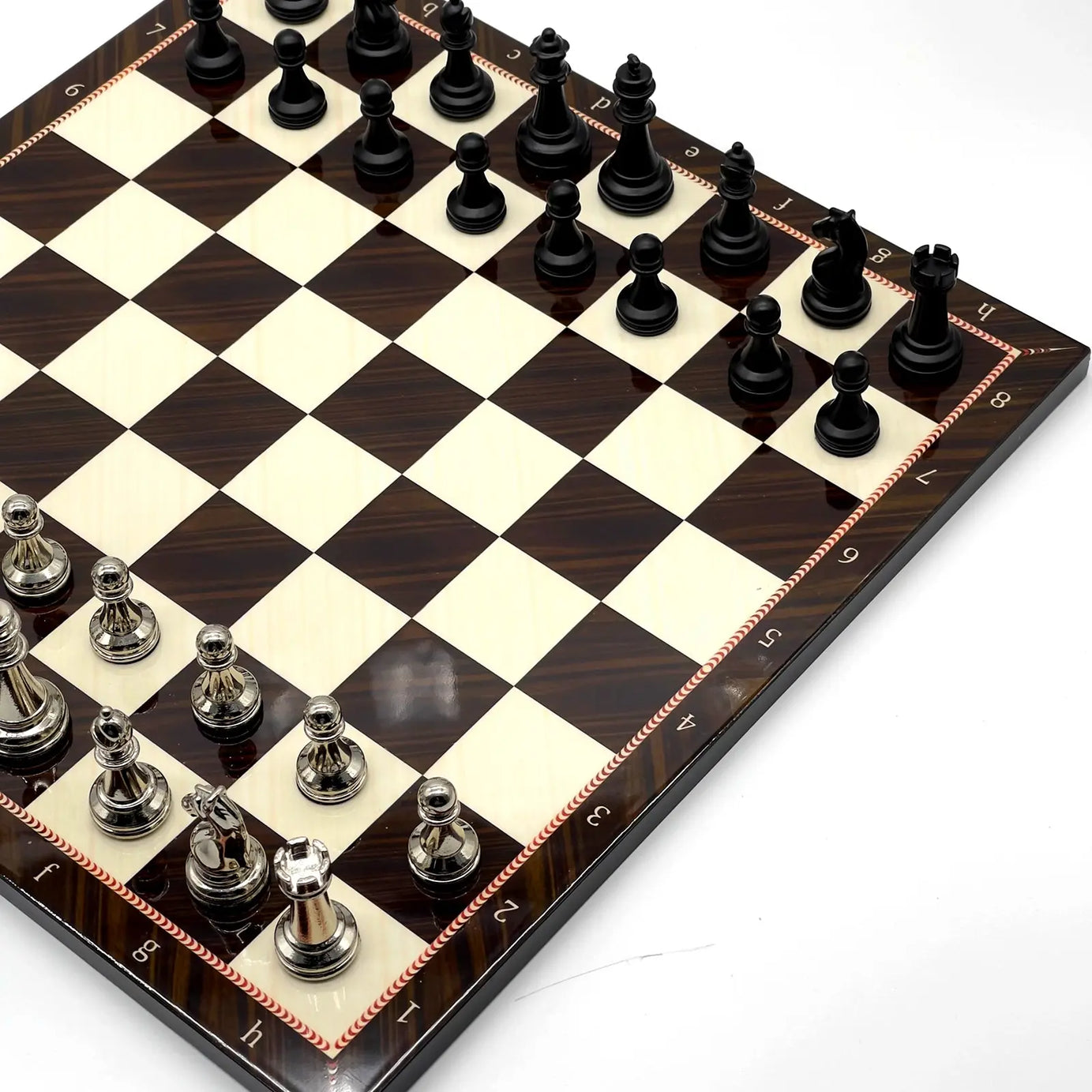 14" Walnut Marble Patterned Chess Set With Matte Metal Chess Pieces