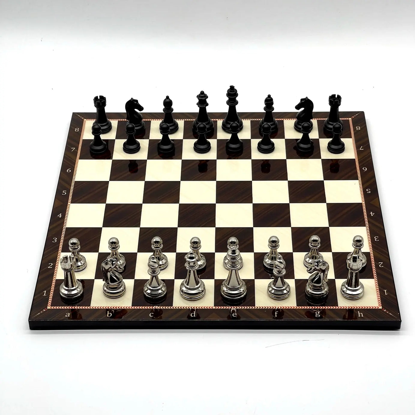 14" Walnut Marble Patterned Chess Set With Matte Metal Chess Pieces