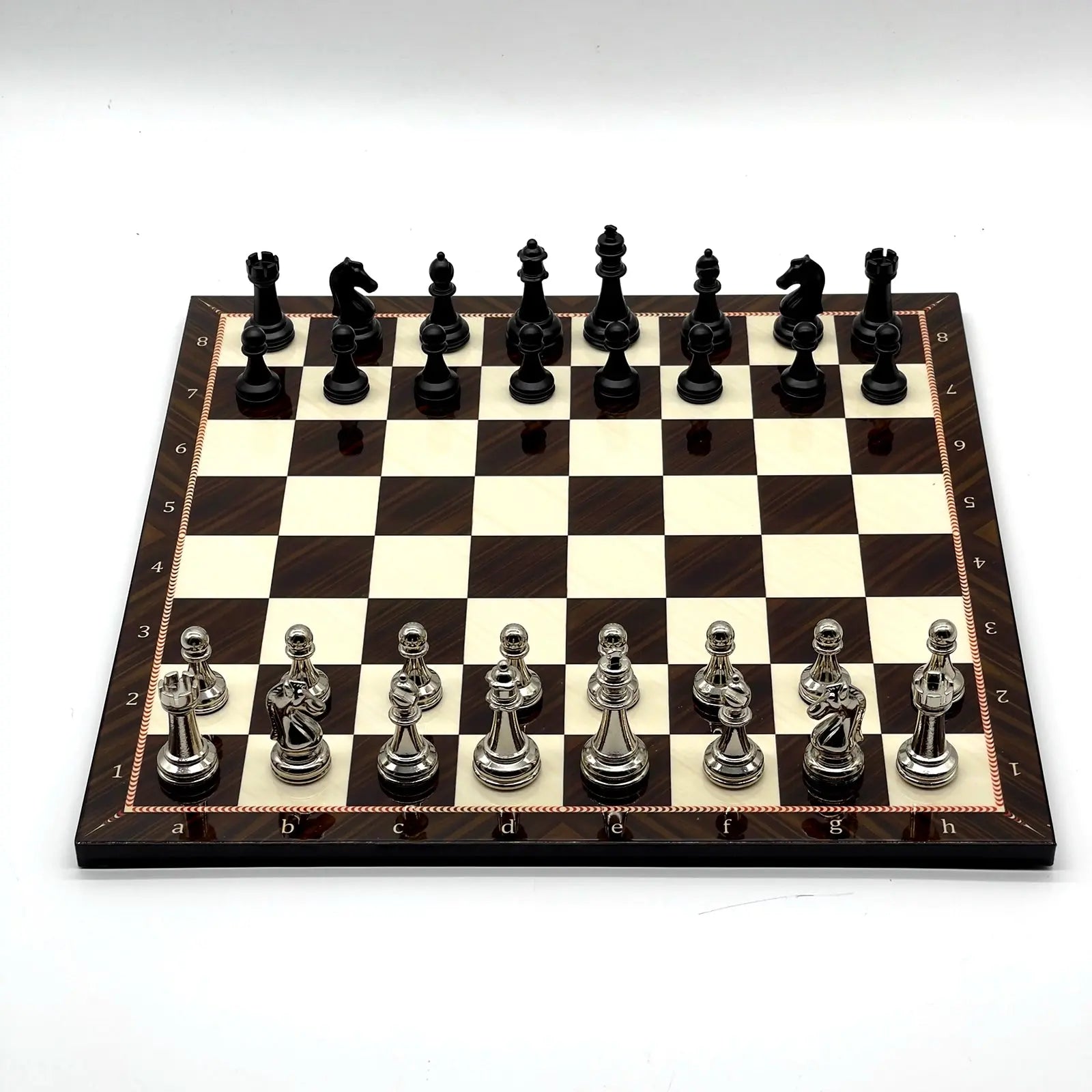14" Walnut Marble Patterned Chess Set With Matte Metal Chess Pieces