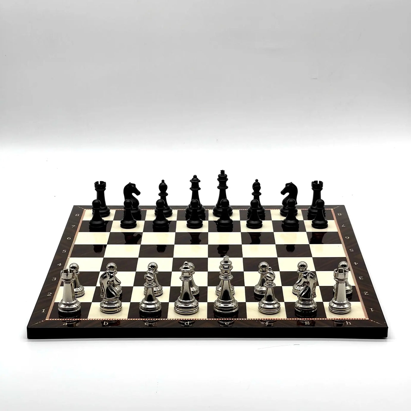 14" Walnut Marble Patterned Chess Set With Matte Metal Chess Pieces