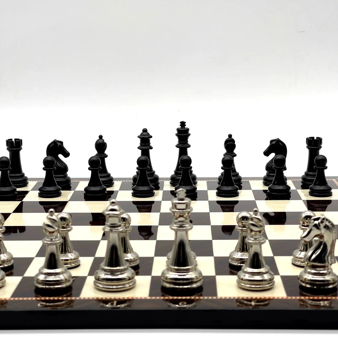 14" Walnut Marble Patterned Chess Set With Matte Metal Chess Pieces