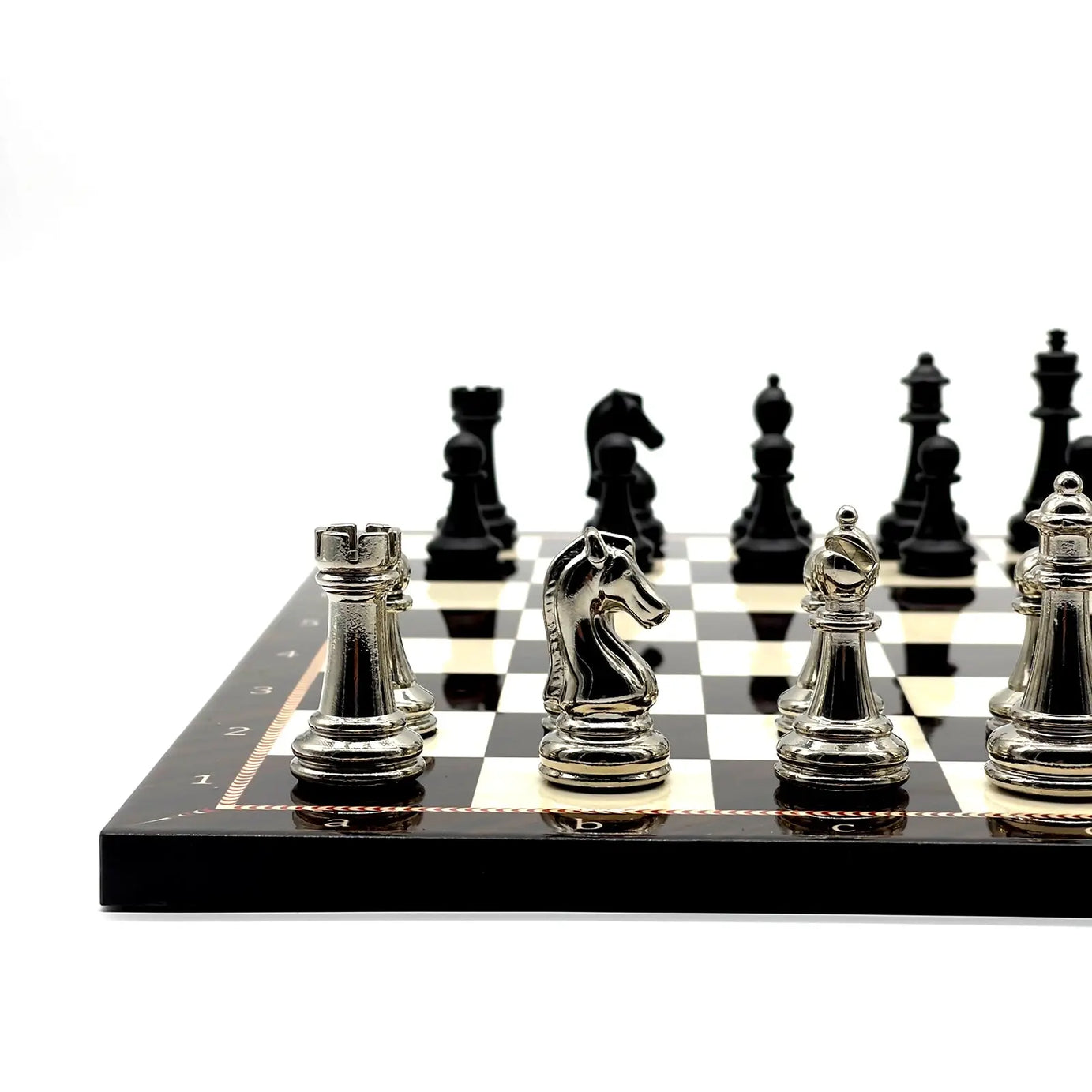 14" Walnut Marble Patterned Chess Set With Matte Metal Chess Pieces