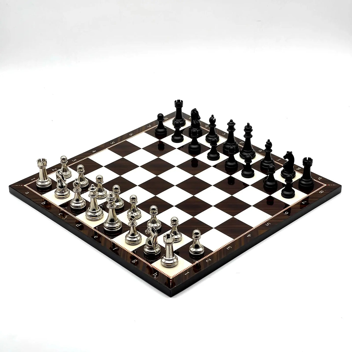 14" Walnut Marble Patterned Chess Set With Matte Metal Chess Pieces