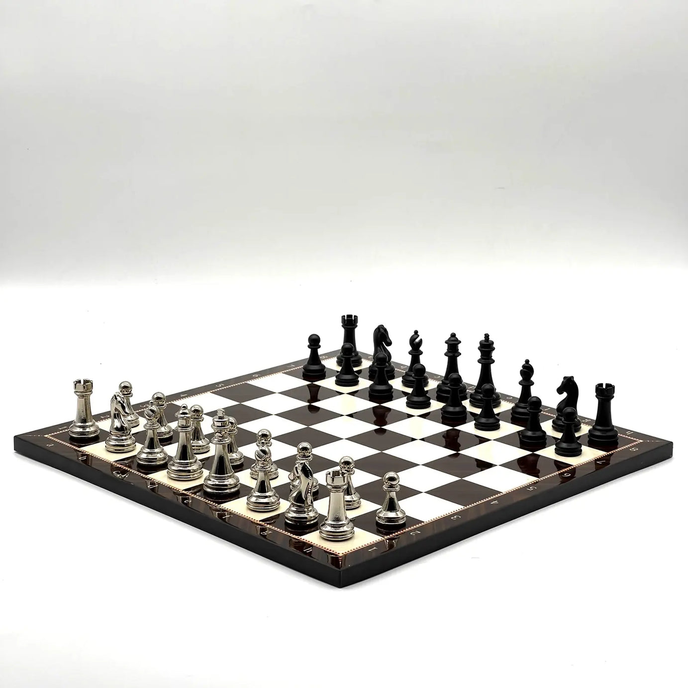 14" Walnut Marble Patterned Chess Set With Matte Metal Chess Pieces