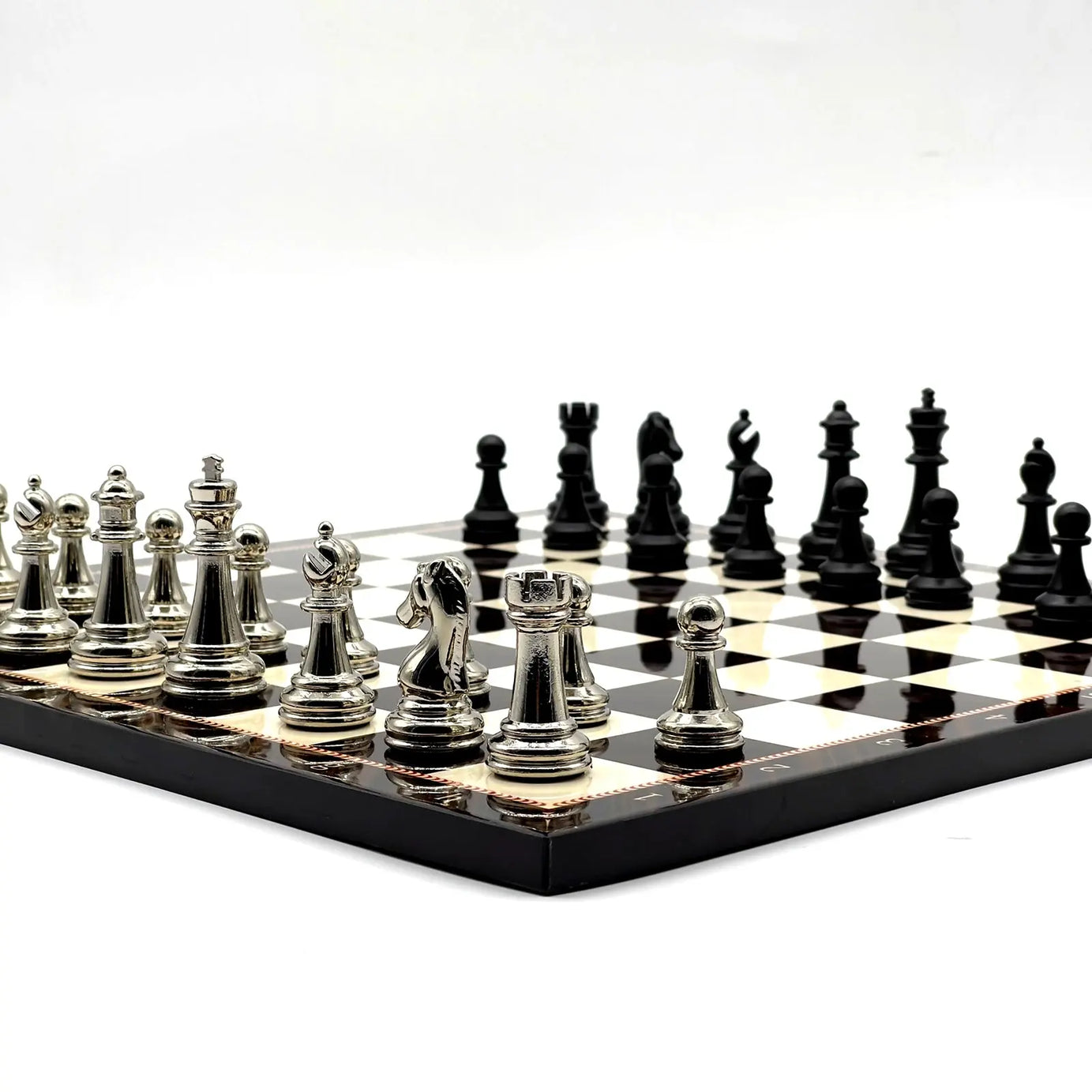 14" Walnut Marble Patterned Chess Set With Matte Metal Chess Pieces