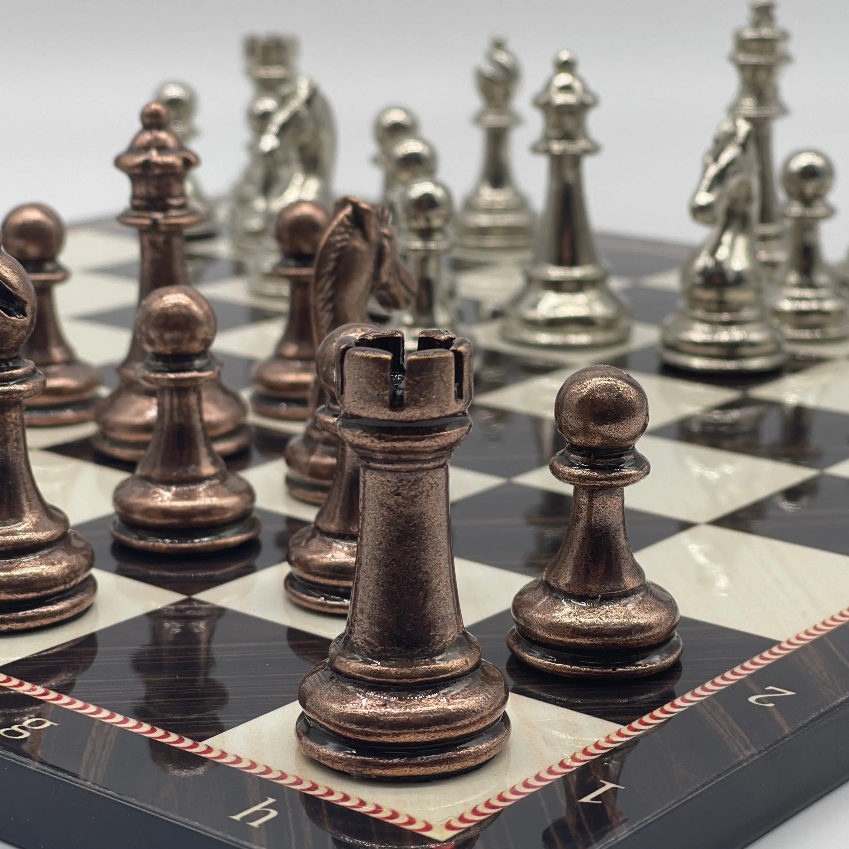 14.5" Handmade Brown Marble Pattern Classic Metal Pieces with Chess Set