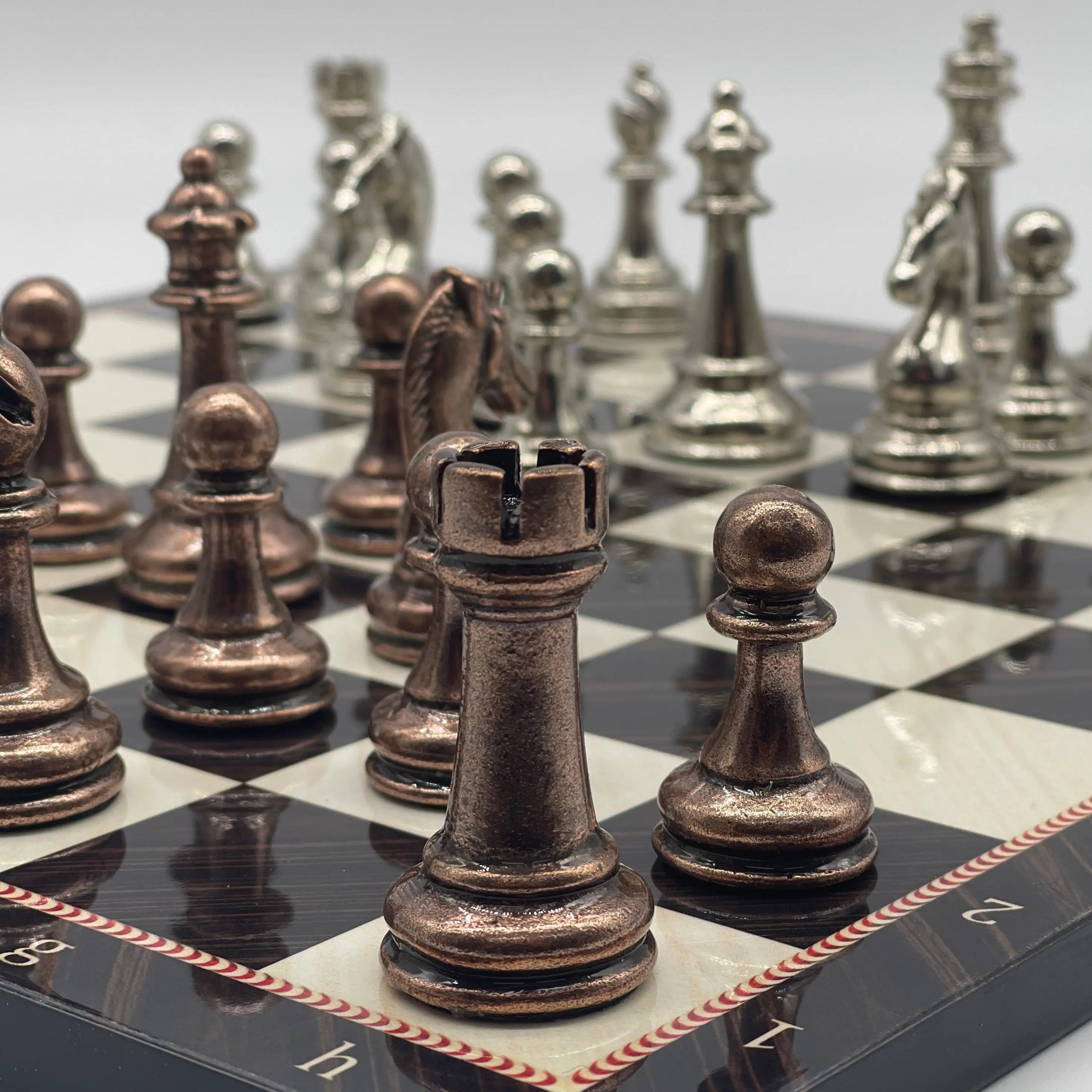 16.5" Walnut Marble Pattern Folding Chess Board With Classic Metal Chess Pieces