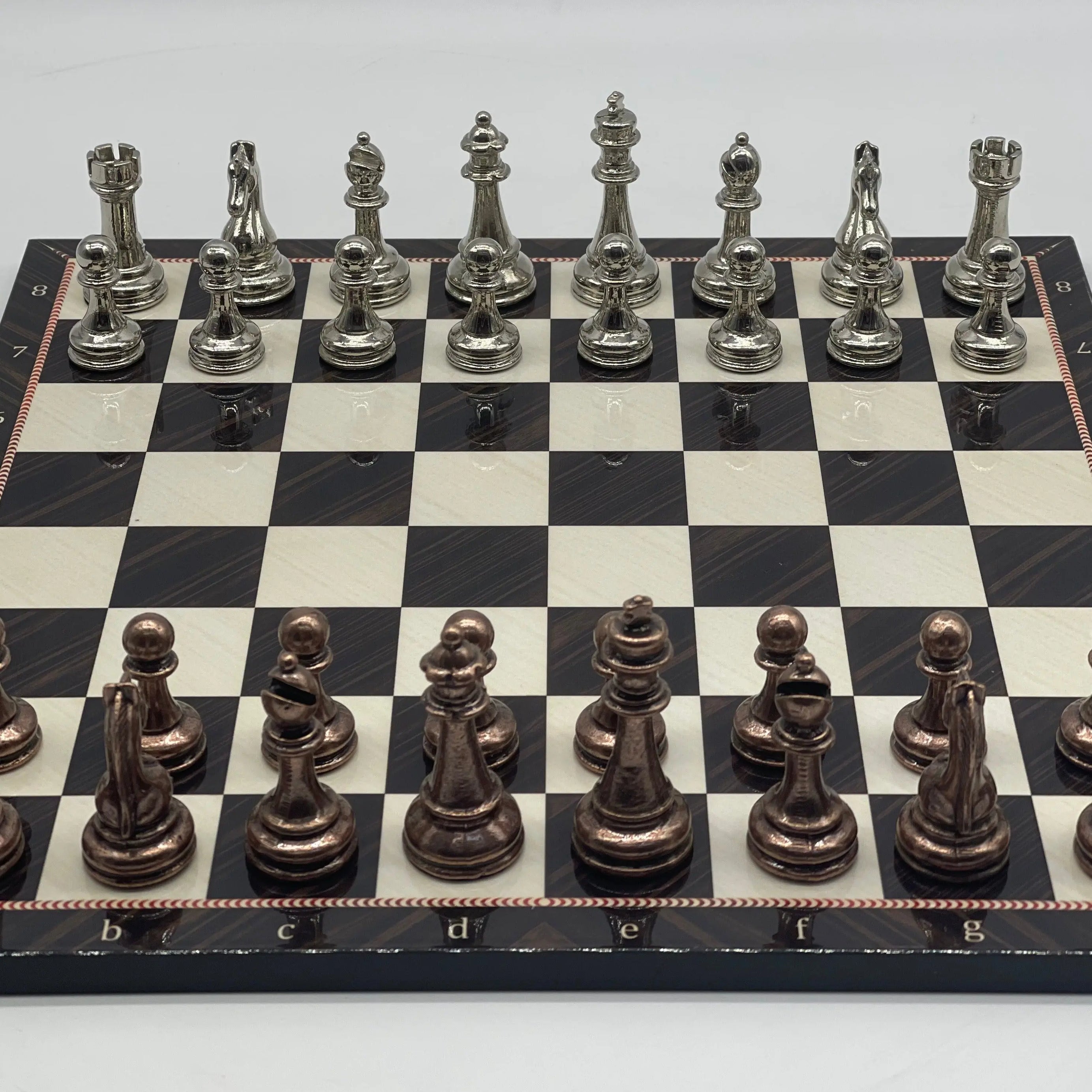 16.5" Walnut Marble Pattern Folding Chess Board With Classic Metal Chess Pieces