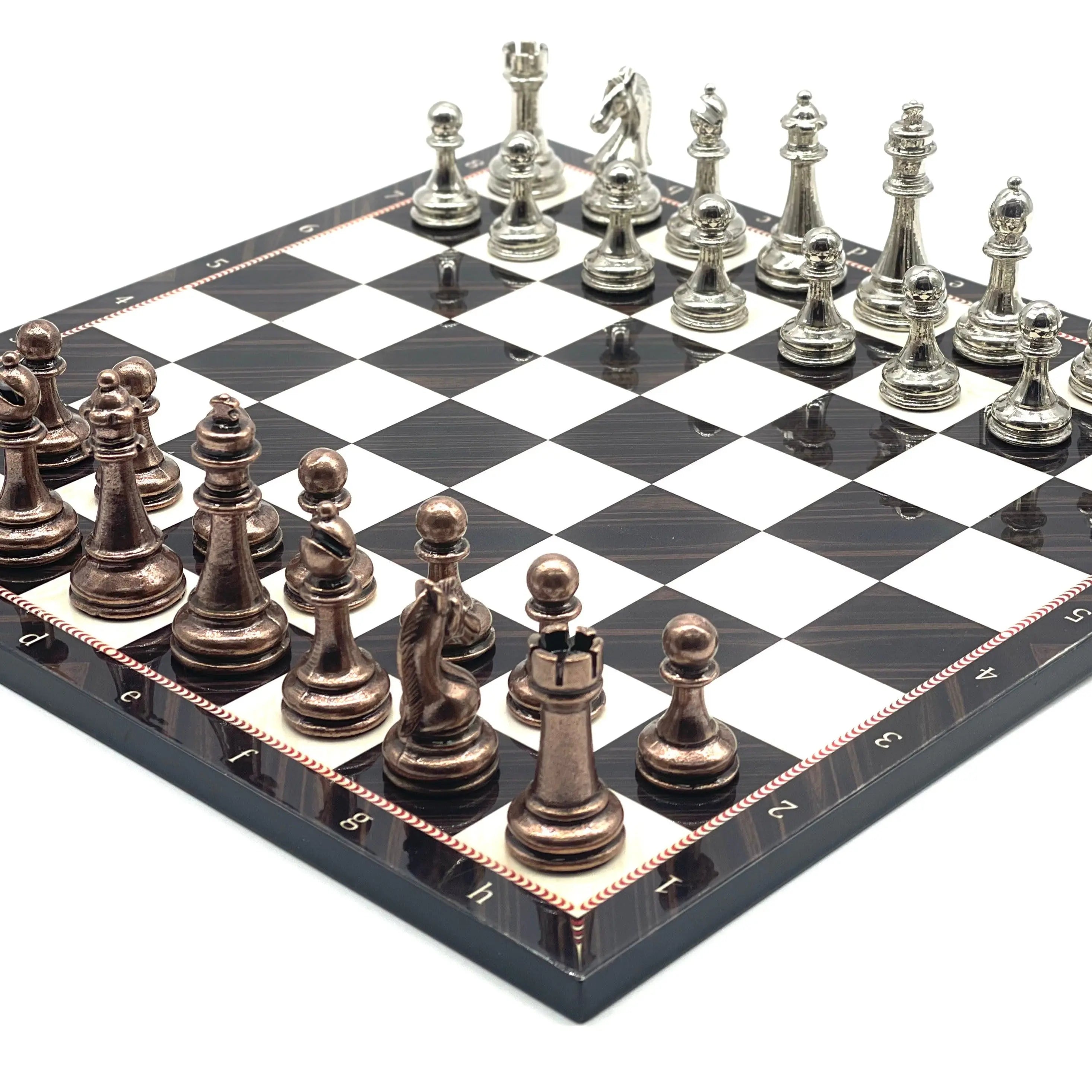 14.5" Handmade Brown Marble Pattern Classic Metal Pieces with Chess Set