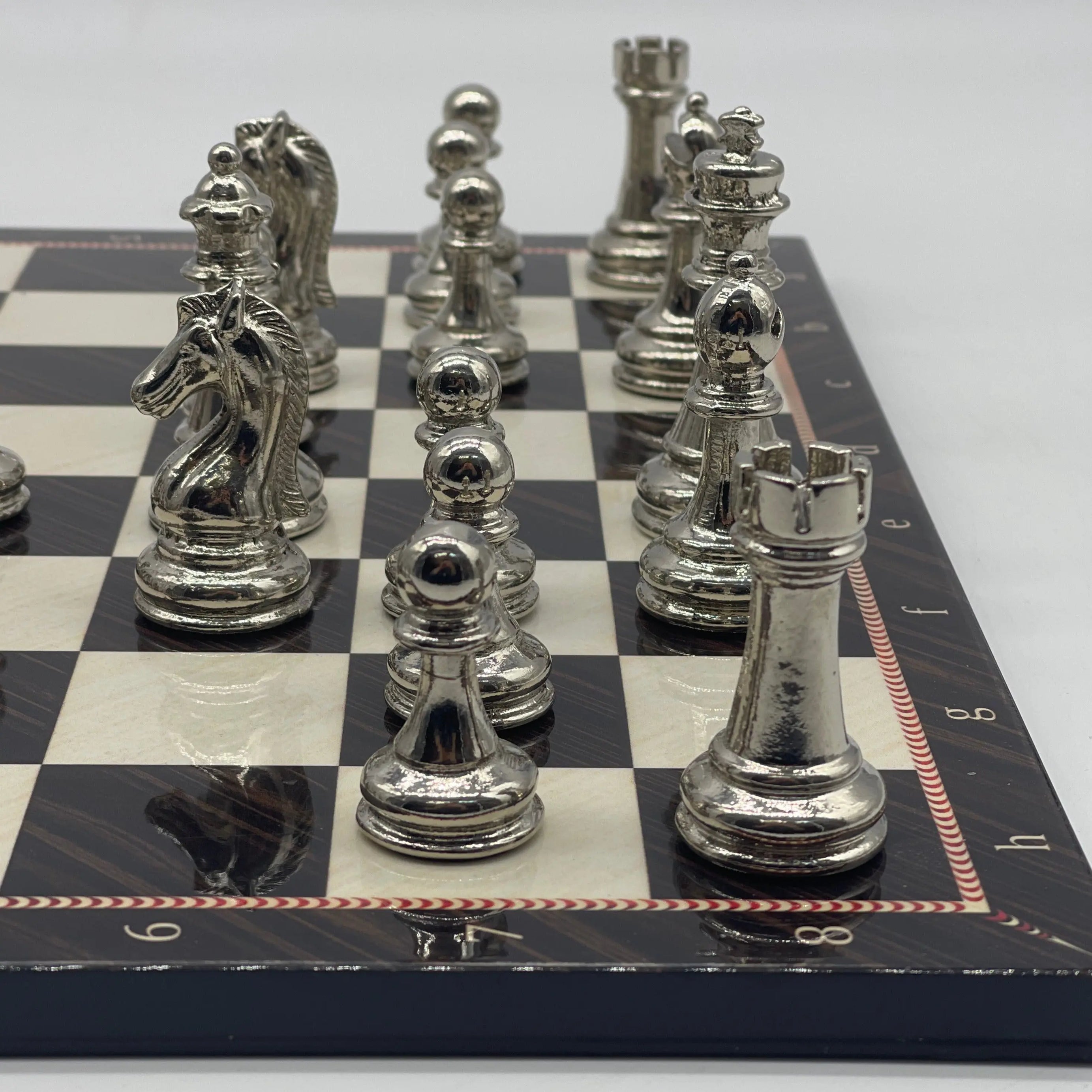 14.5" Handmade Brown Marble Pattern Classic Metal Pieces with Chess Set