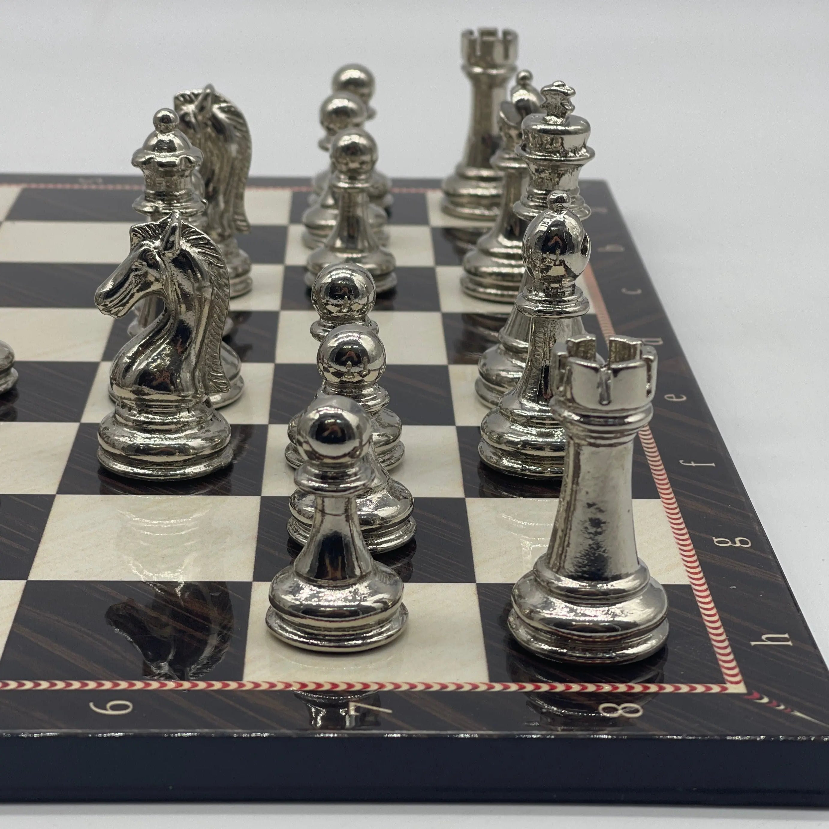 16.5" Walnut Marble Pattern Folding Chess Board With Classic Metal Chess Pieces
