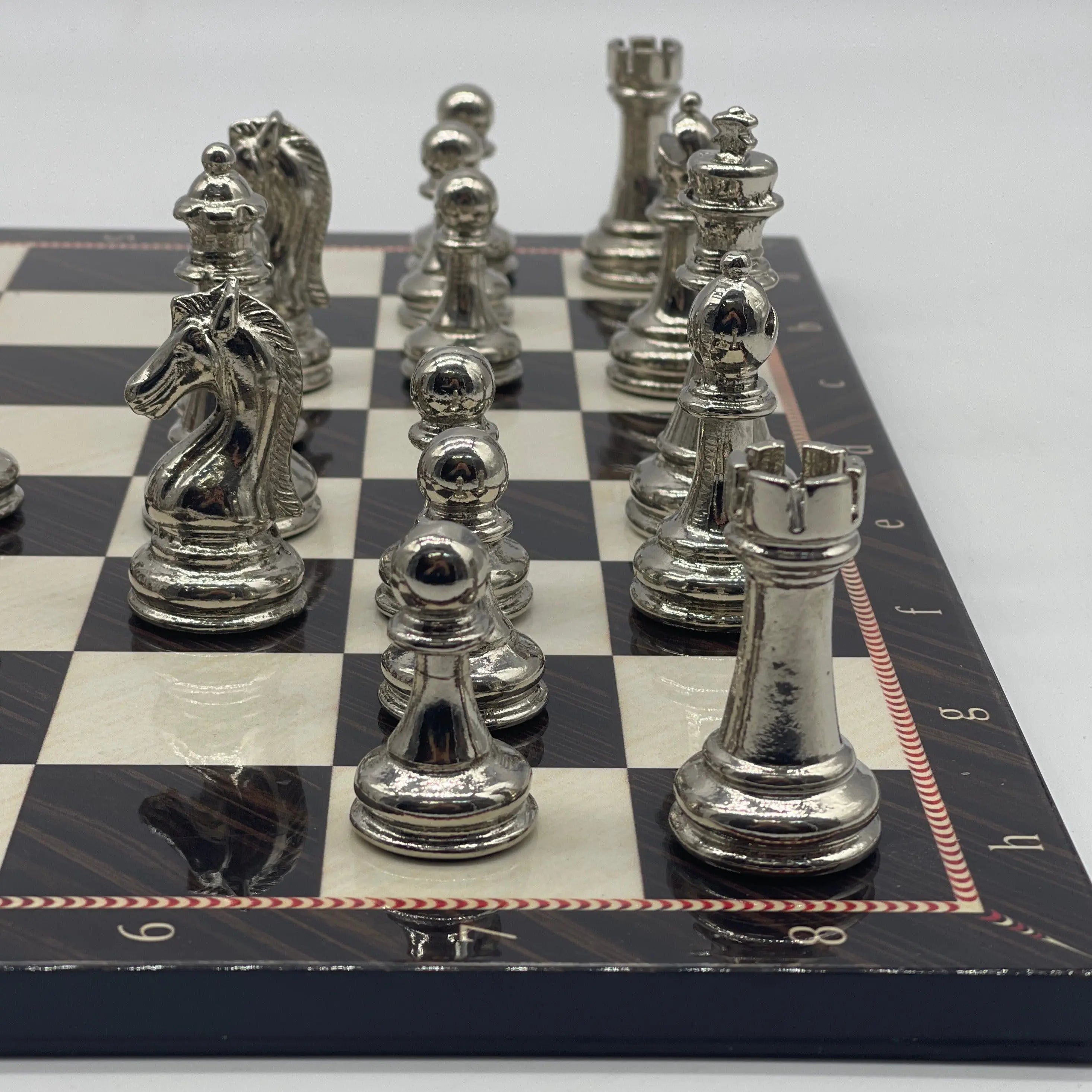 16.5" Walnut Marble Pattern Folding Chess Board With Classic Metal Chess Pieces
