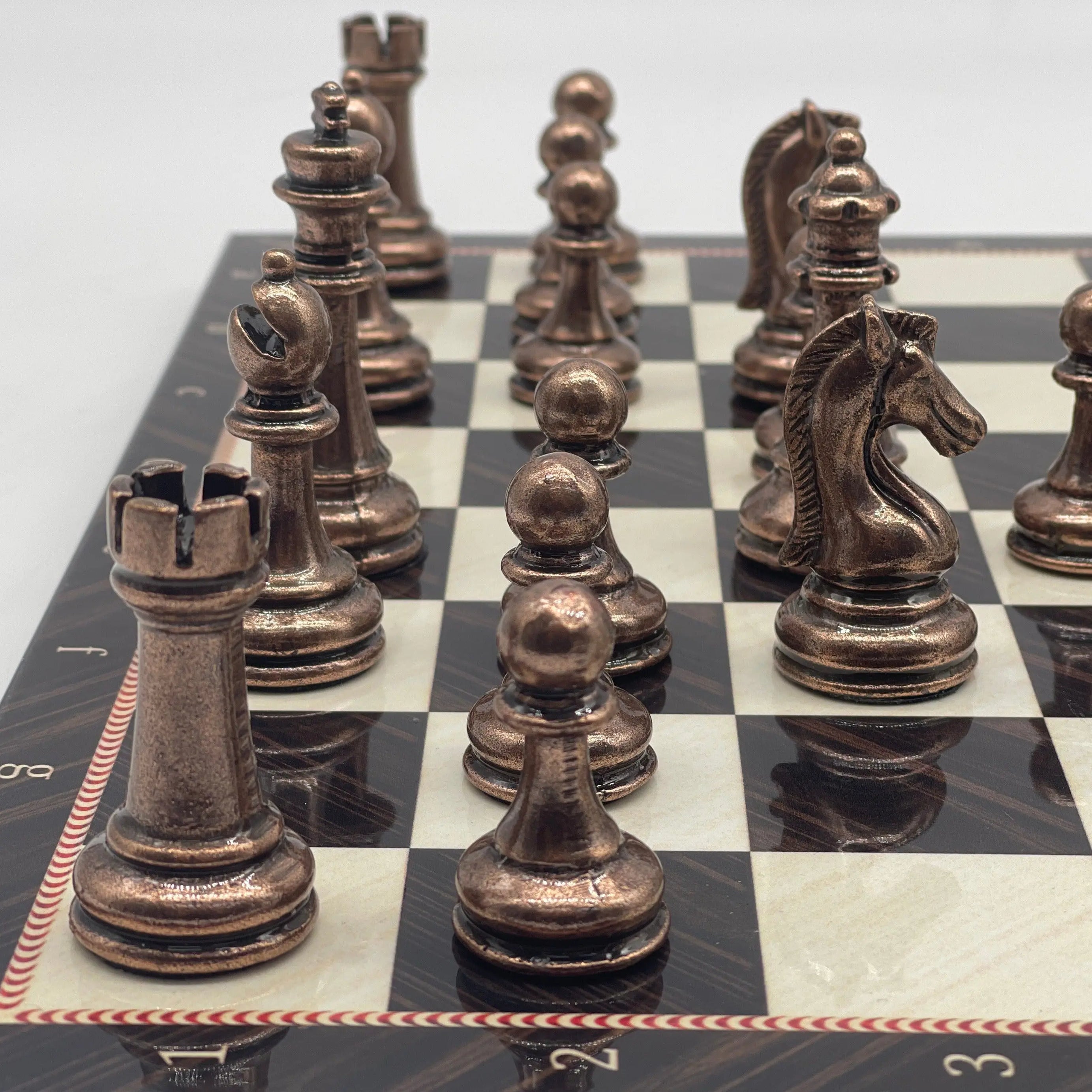14.5" Handmade Brown Marble Pattern Classic Metal Pieces with Chess Set