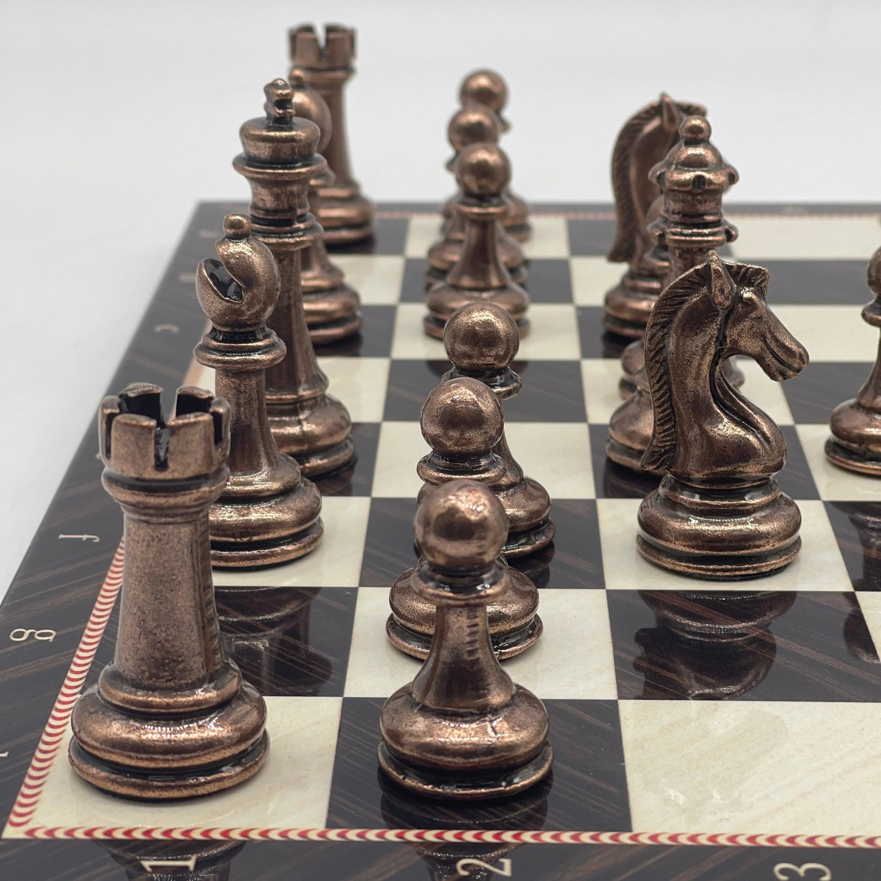 16.5" Walnut Marble Pattern Folding Chess Board With Classic Metal Chess Pieces