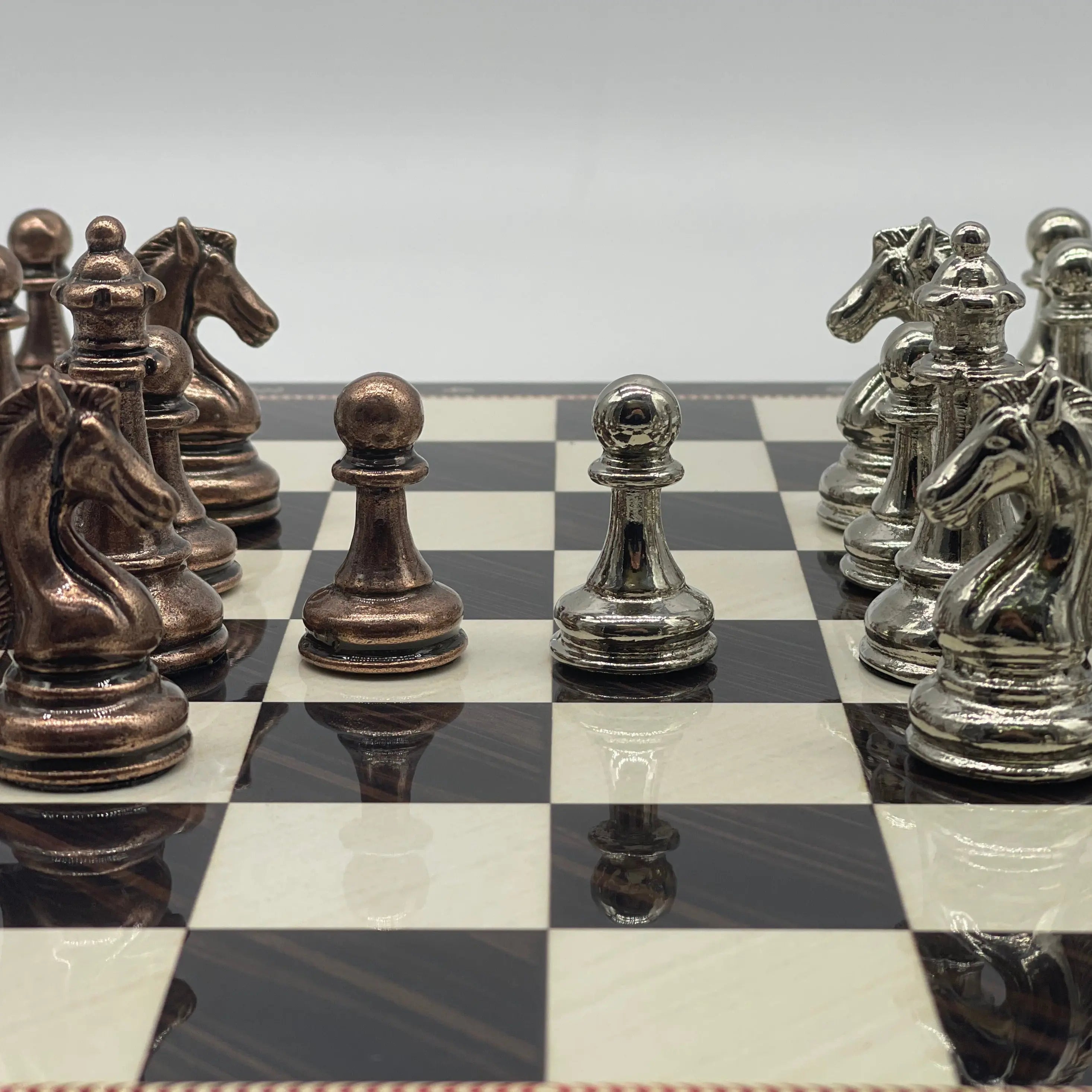 14.5" Handmade Brown Marble Pattern Classic Metal Pieces with Chess Set