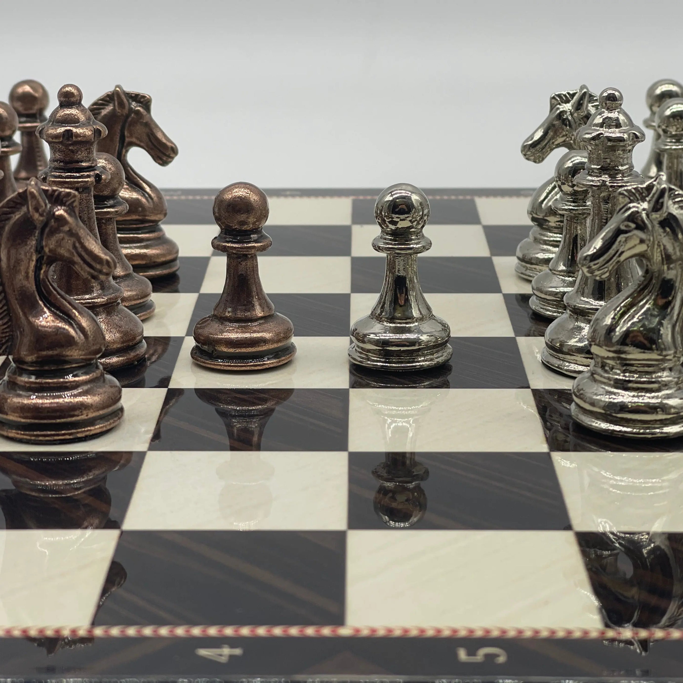 16.5" Walnut Marble Pattern Folding Chess Board With Classic Metal Chess Pieces