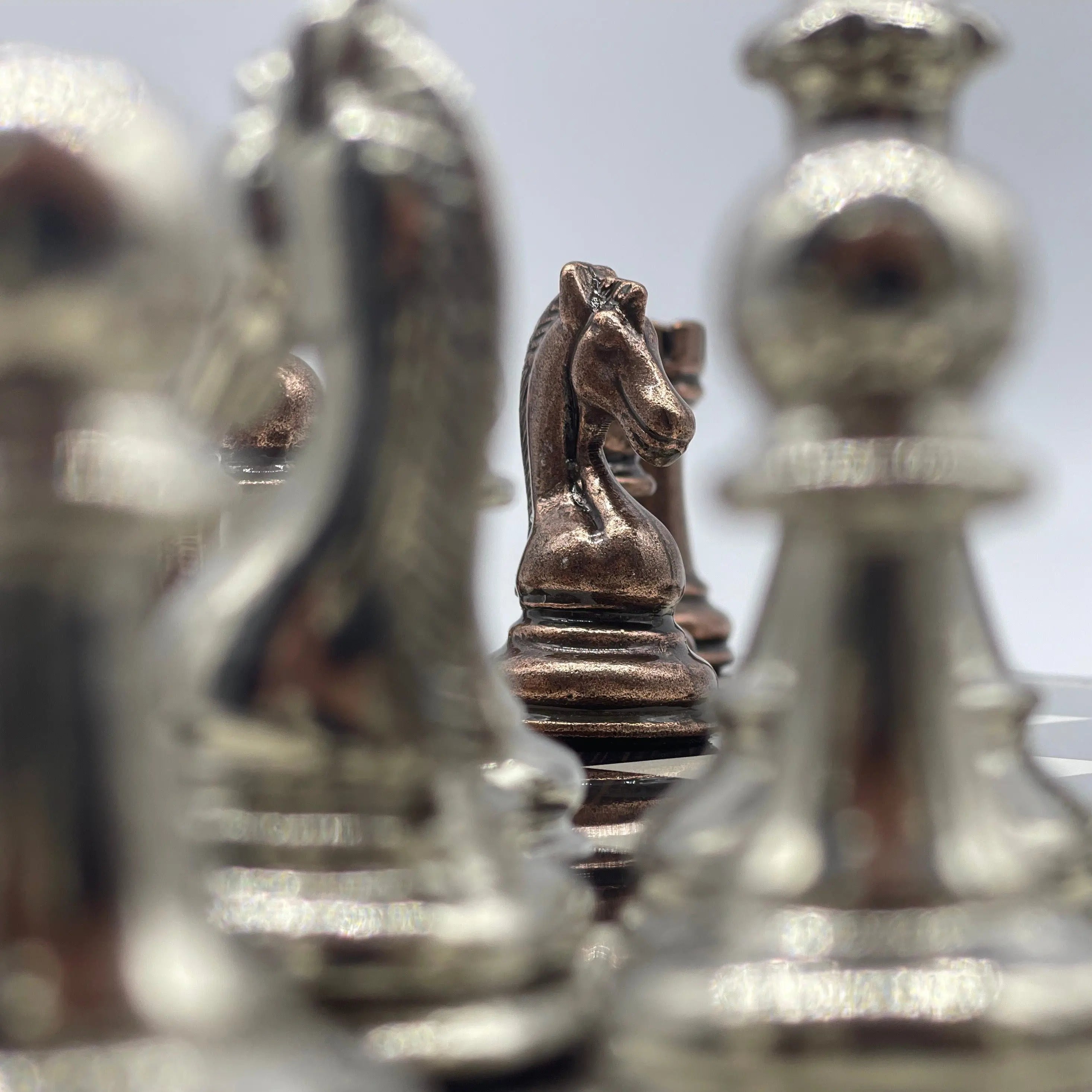 14.5" Handmade Brown Marble Pattern Classic Metal Pieces with Chess Set