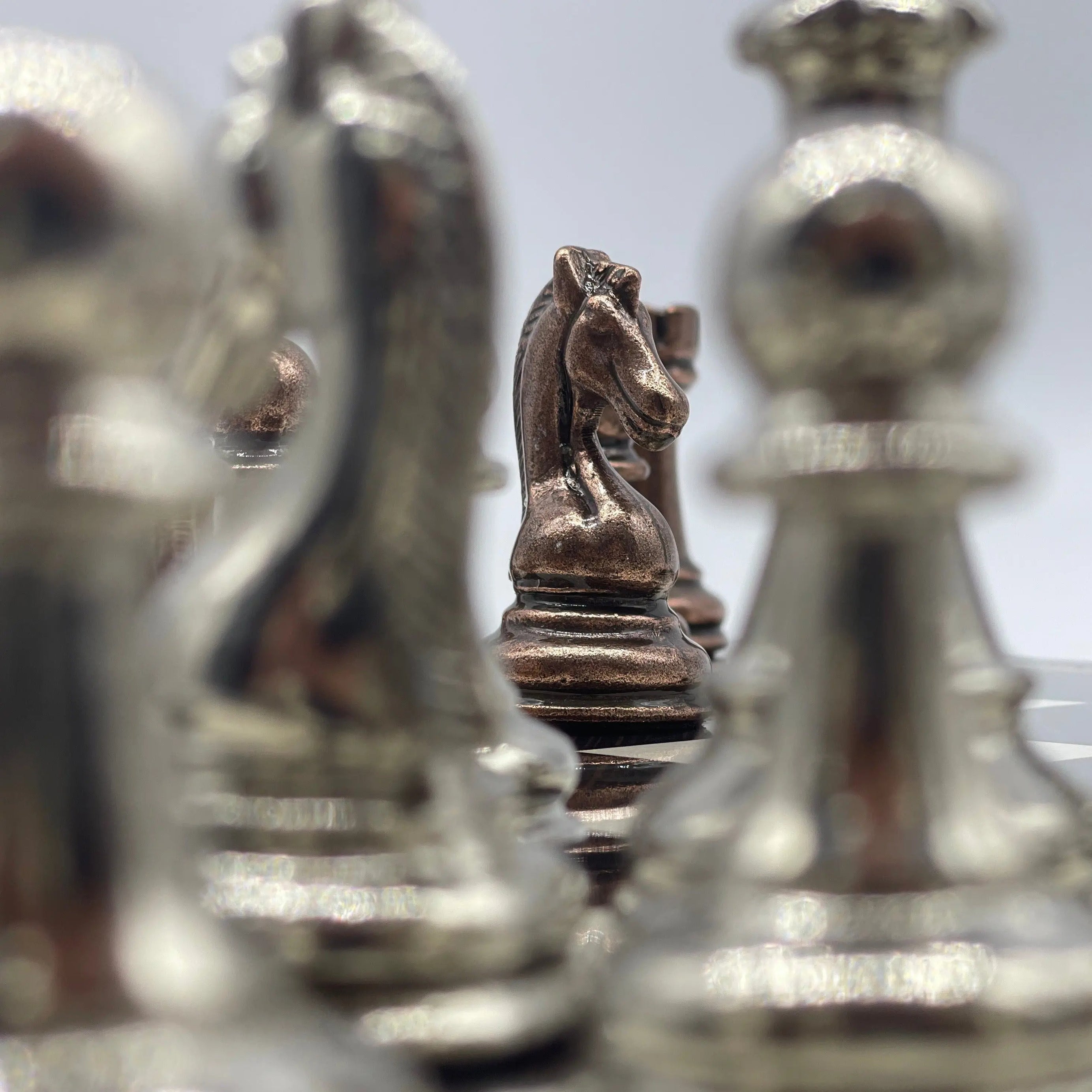 16.5" Walnut Marble Pattern Folding Chess Board With Classic Metal Chess Pieces