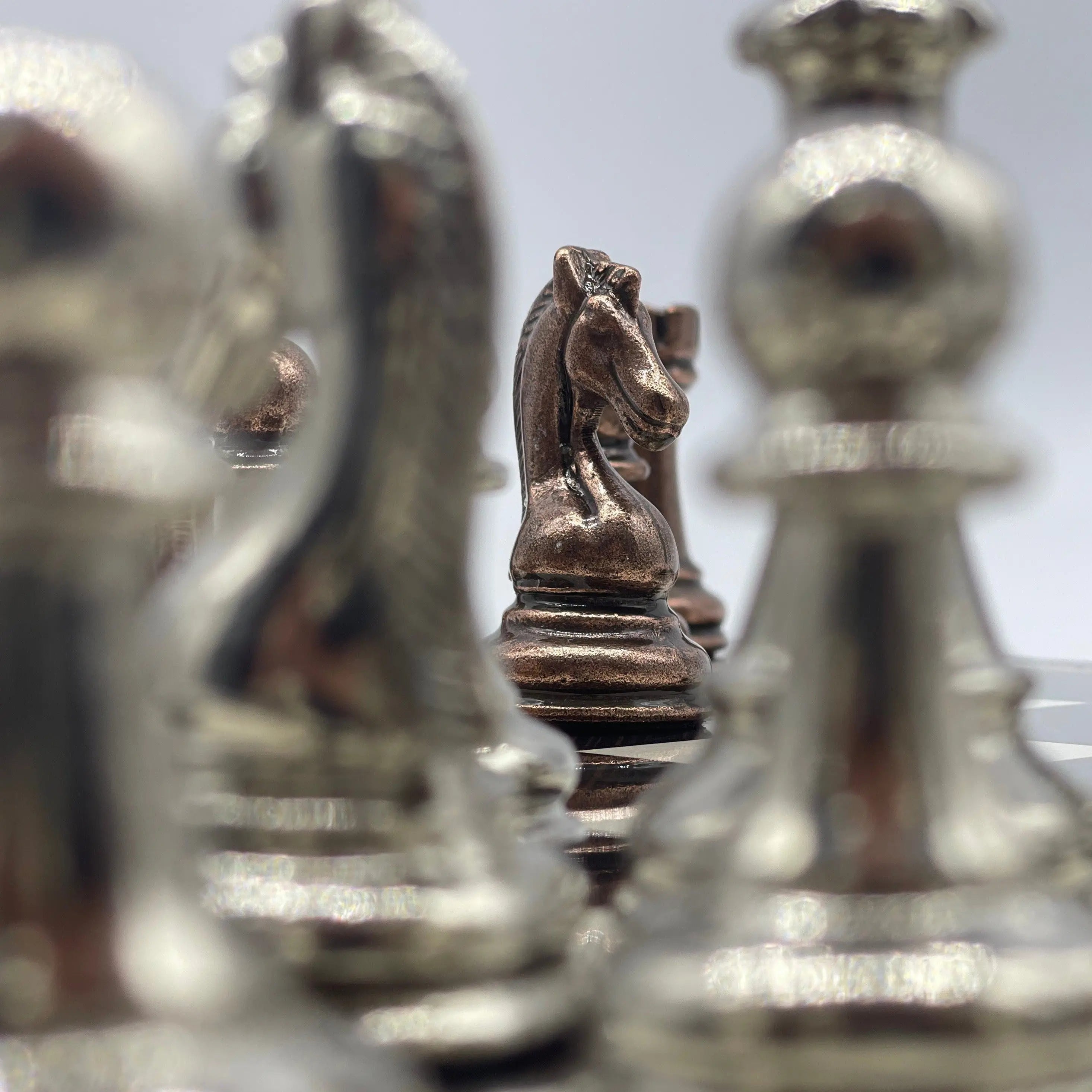 16.5" Walnut Marble Pattern Folding Chess Board With Classic Metal Chess Pieces