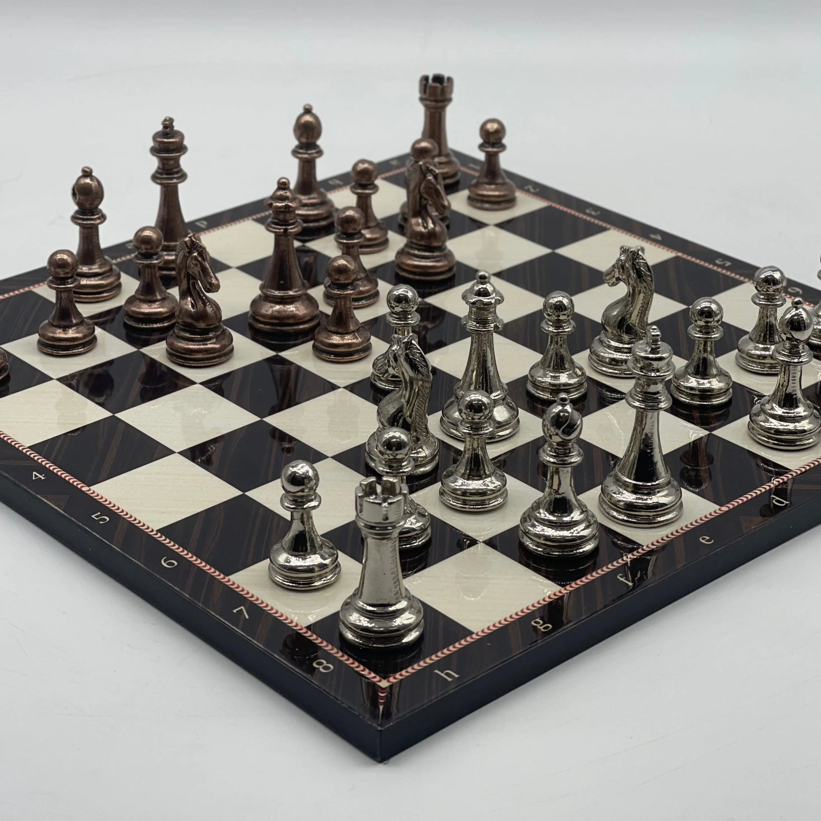 14.5" Handmade Brown Marble Pattern Classic Metal Pieces with Chess Set