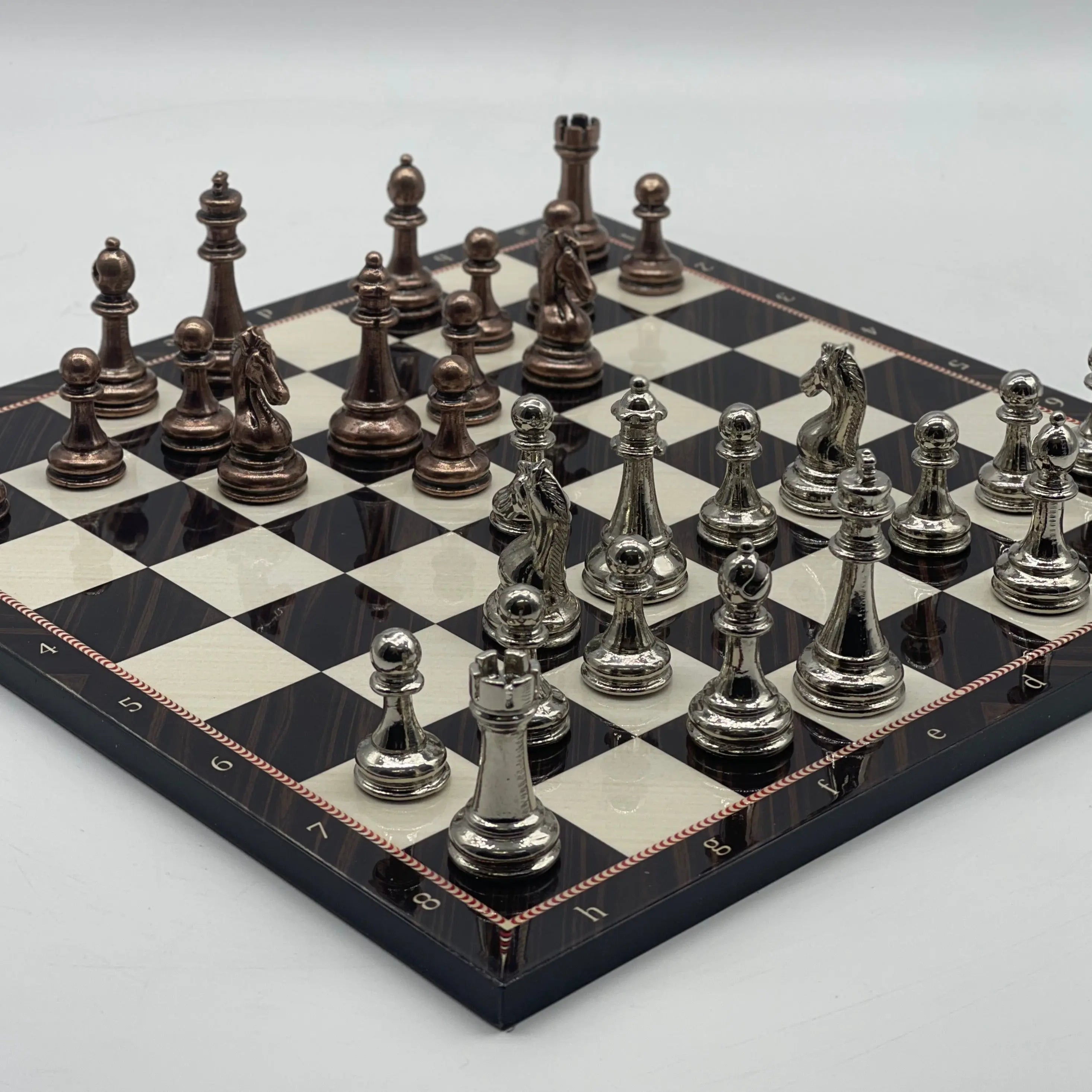 16.5" Walnut Marble Pattern Folding Chess Board With Classic Metal Chess Pieces