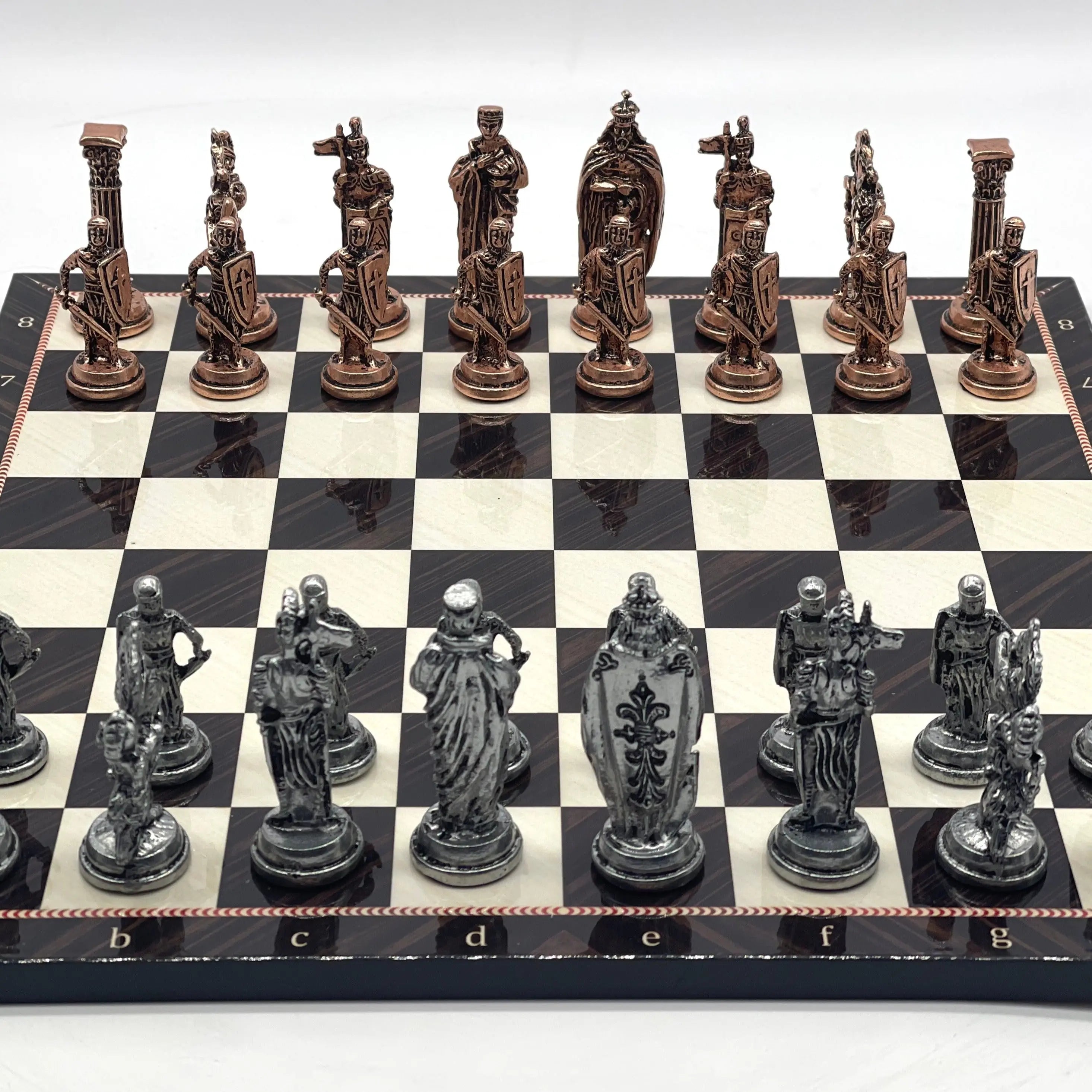 14.5" Handmade Brown Walnut Pattern British Metal Pieces with Chess Set
