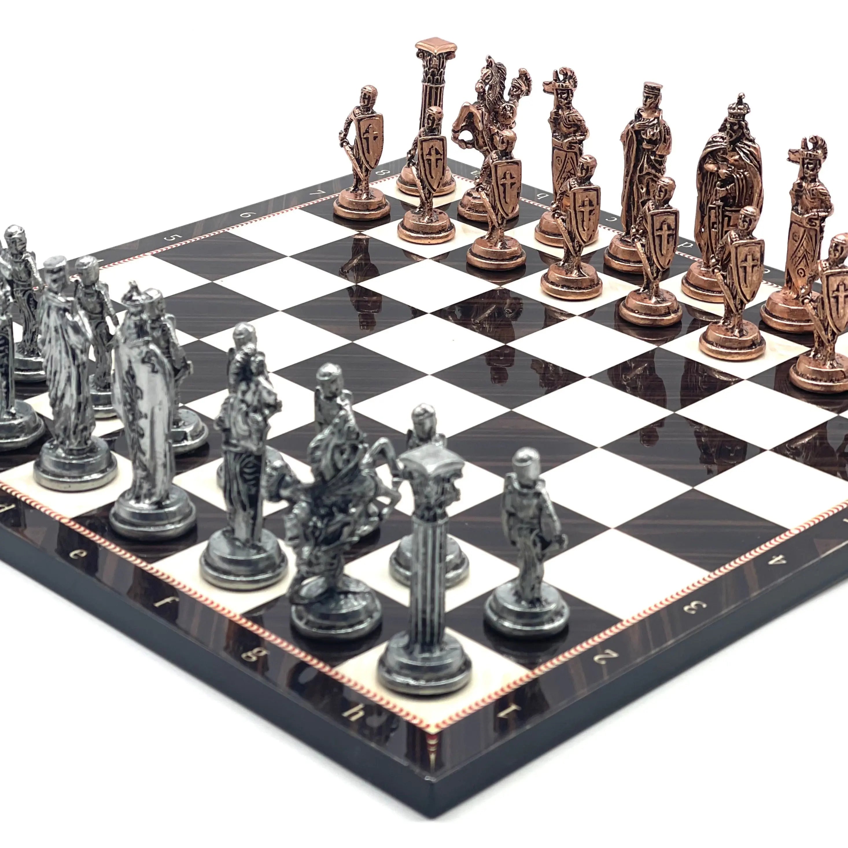 14.5" Handmade Brown Walnut Pattern British Metal Pieces with Chess Set