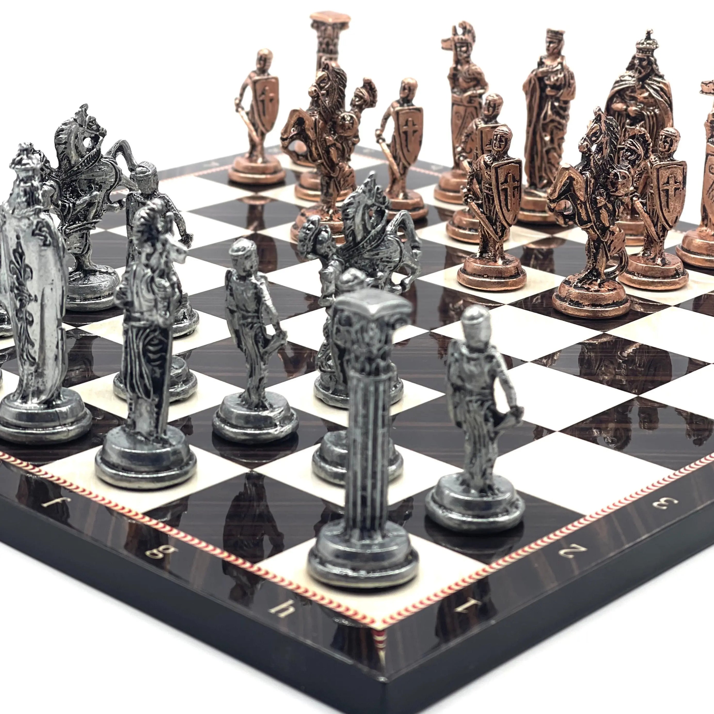 14.5" Handmade Brown Walnut Pattern British Metal Pieces with Chess Set