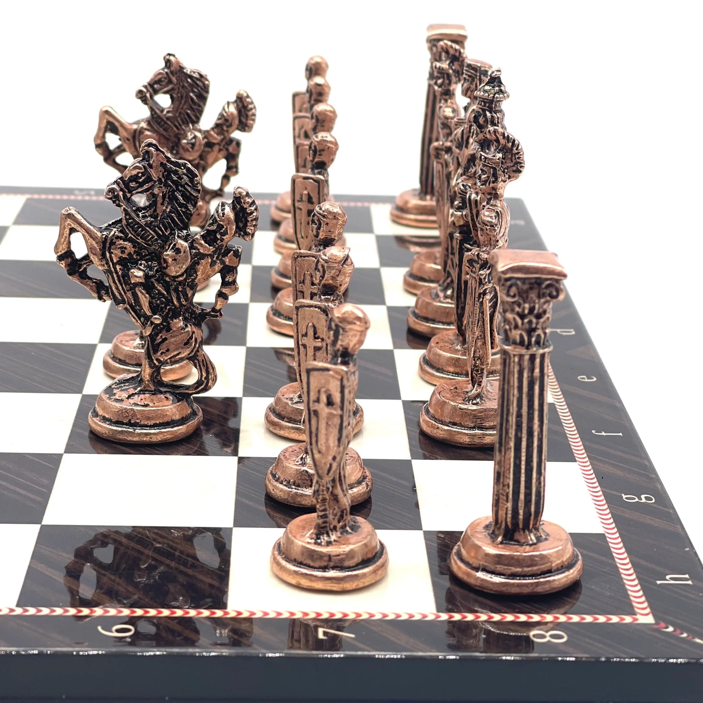 14.5" Handmade Brown Walnut Pattern British Metal Pieces with Chess Set
