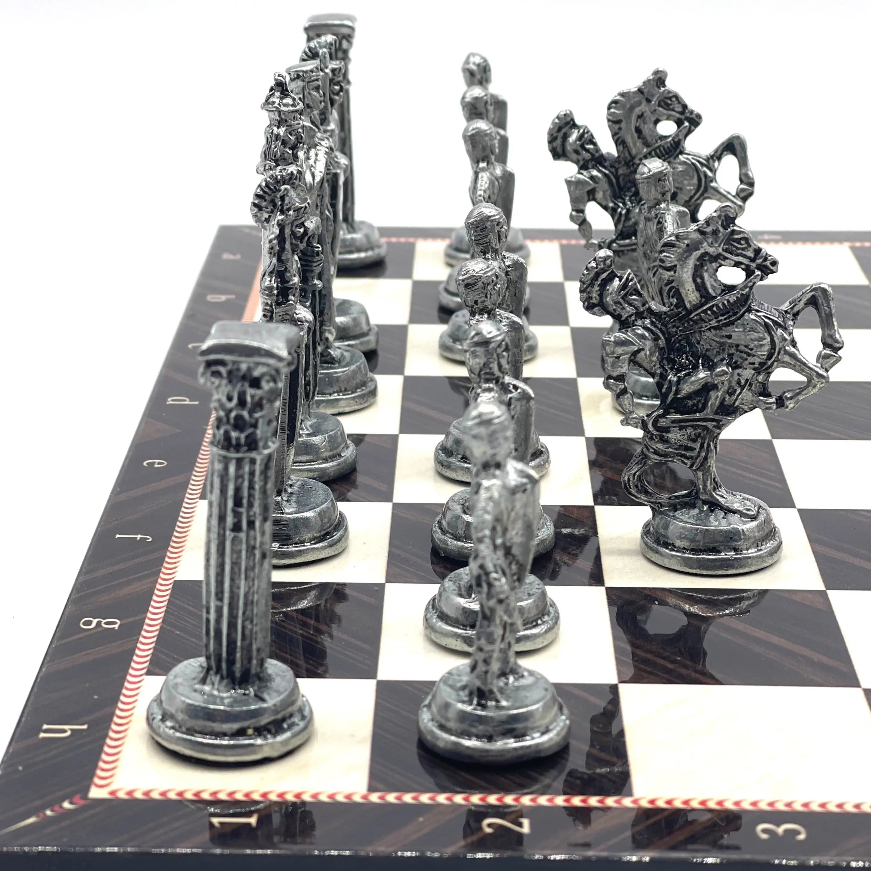 14.5" Handmade Brown Walnut Pattern British Metal Pieces with Chess Set