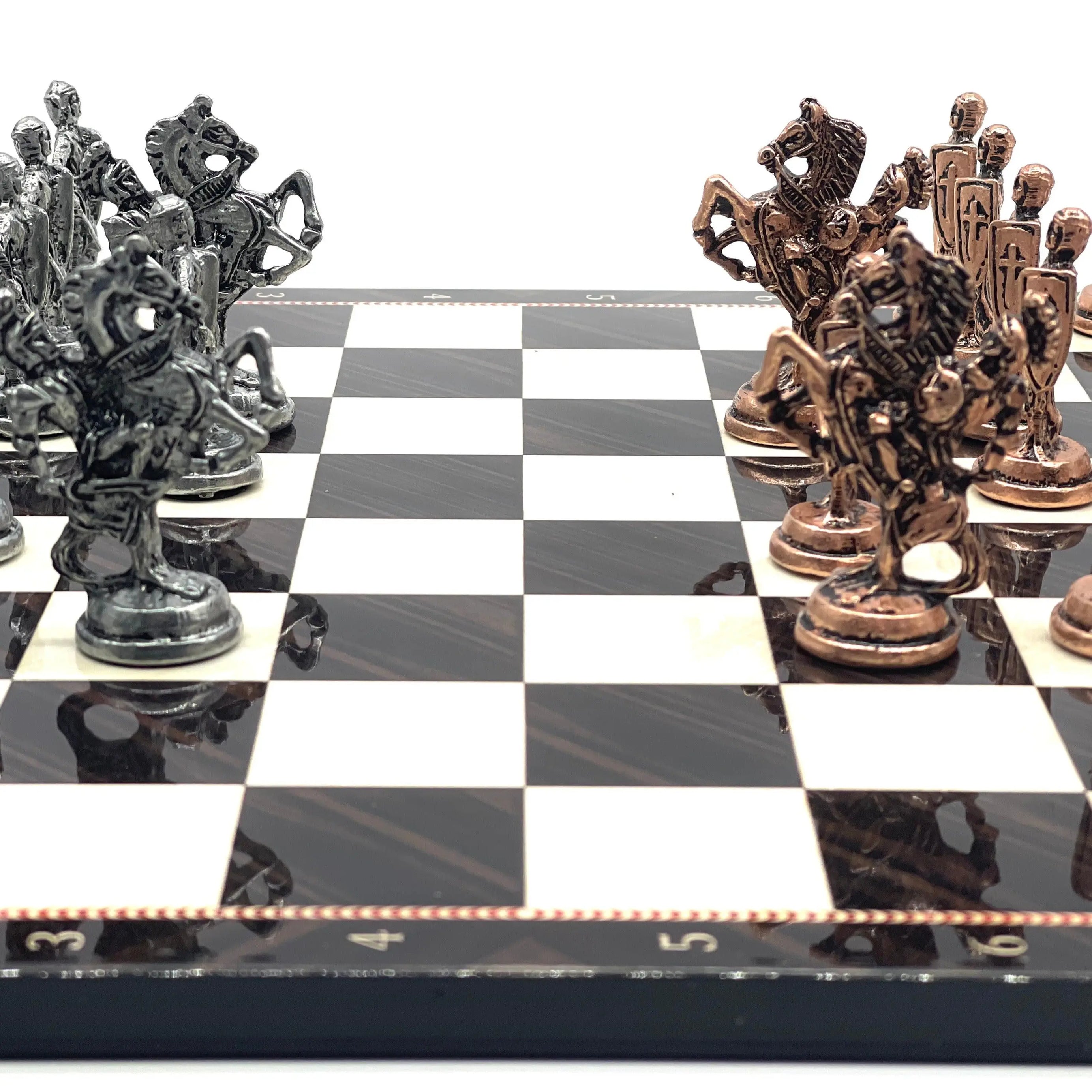 14.5" Handmade Brown Walnut Pattern British Metal Pieces with Chess Set