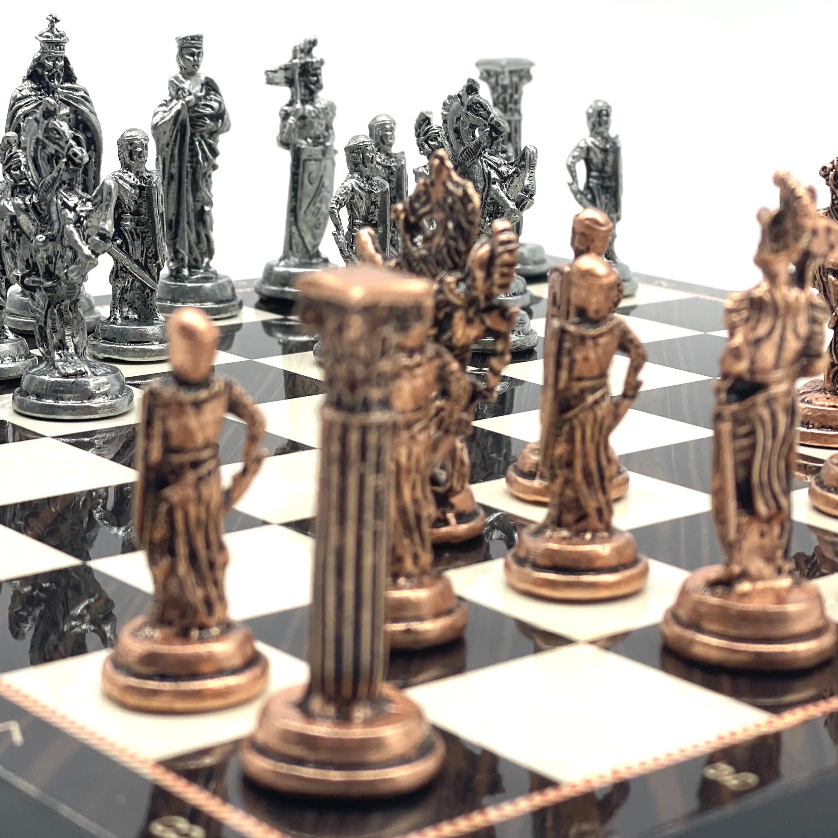 14.5" Handmade Brown Walnut Pattern British Metal Pieces with Chess Set