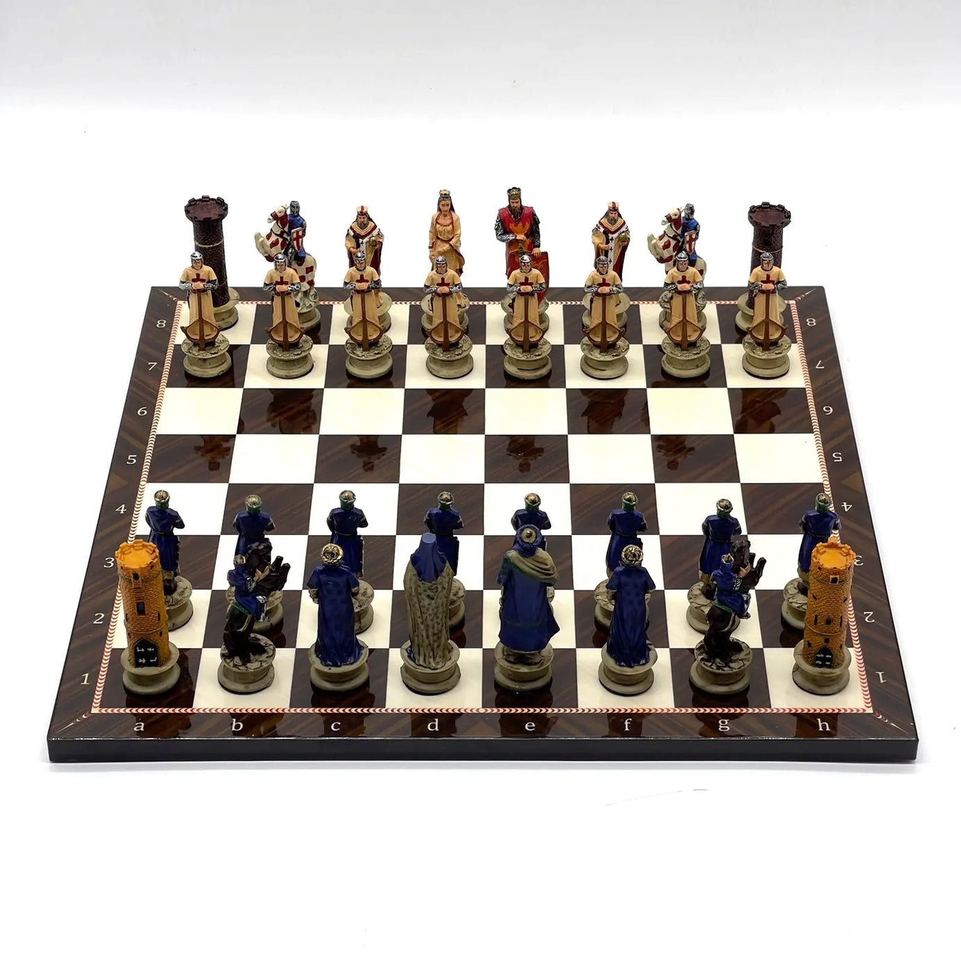 14" Walnut Marble Patterned Chess Set With Crusaders Polyester Chess Pieces