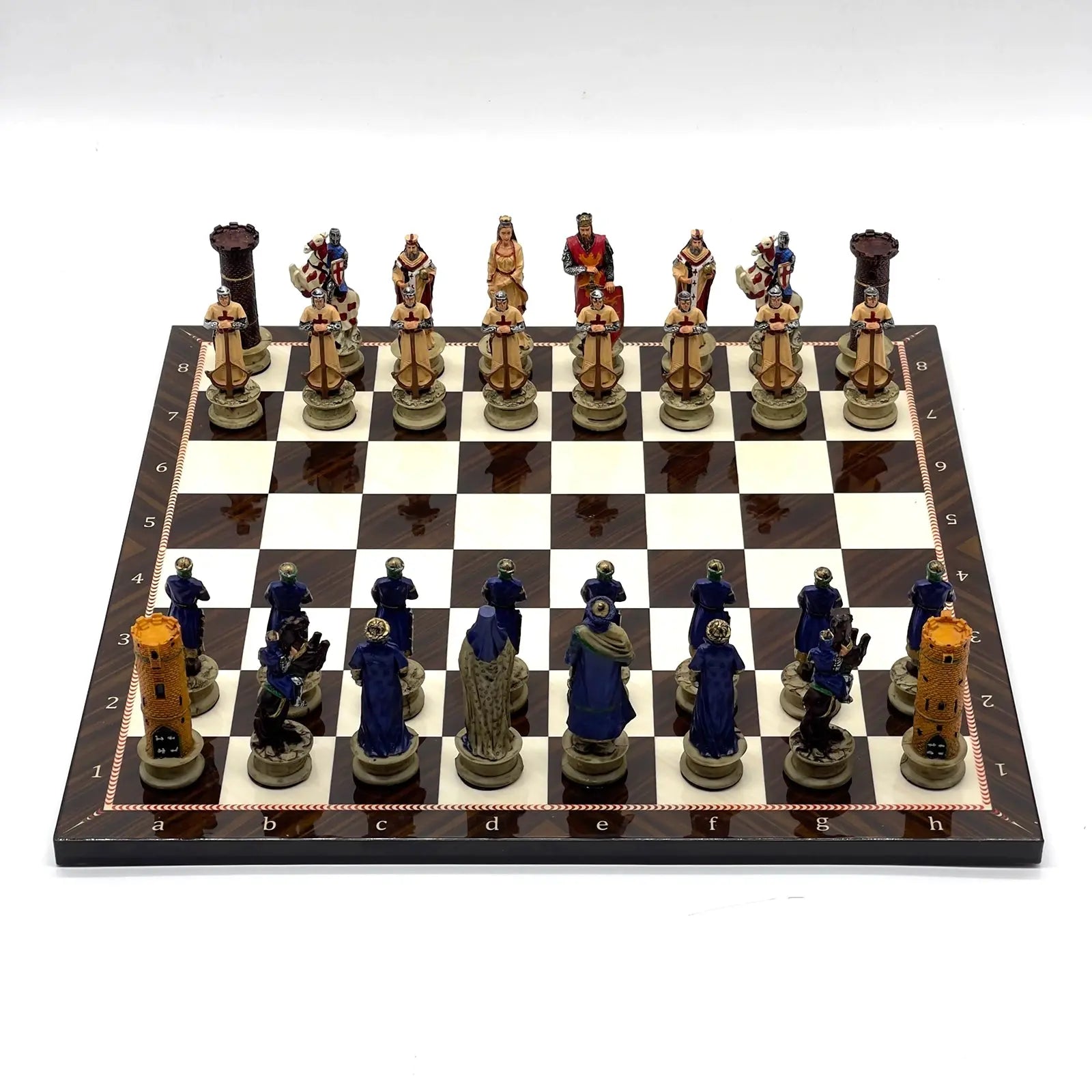 14" Walnut Marble Patterned Chess Set With Crusaders Polyester Chess Pieces