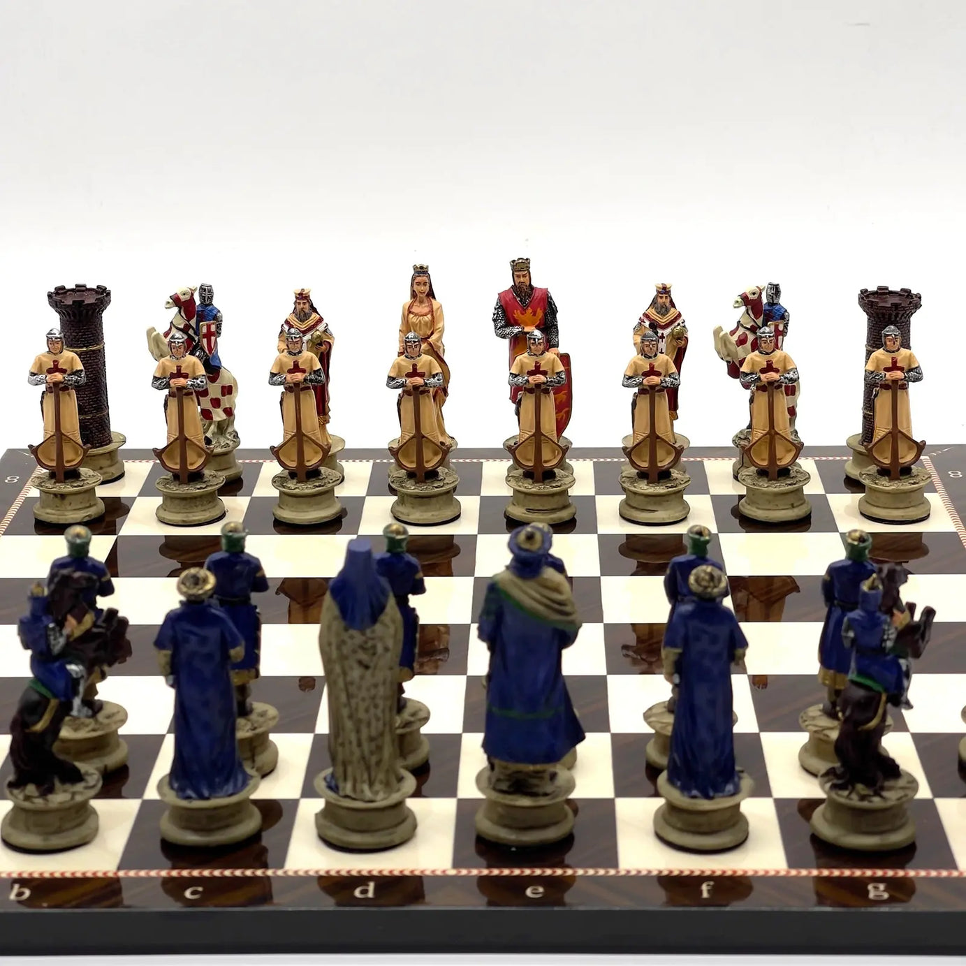 14" Walnut Marble Patterned Chess Set With Crusaders Polyester Chess Pieces