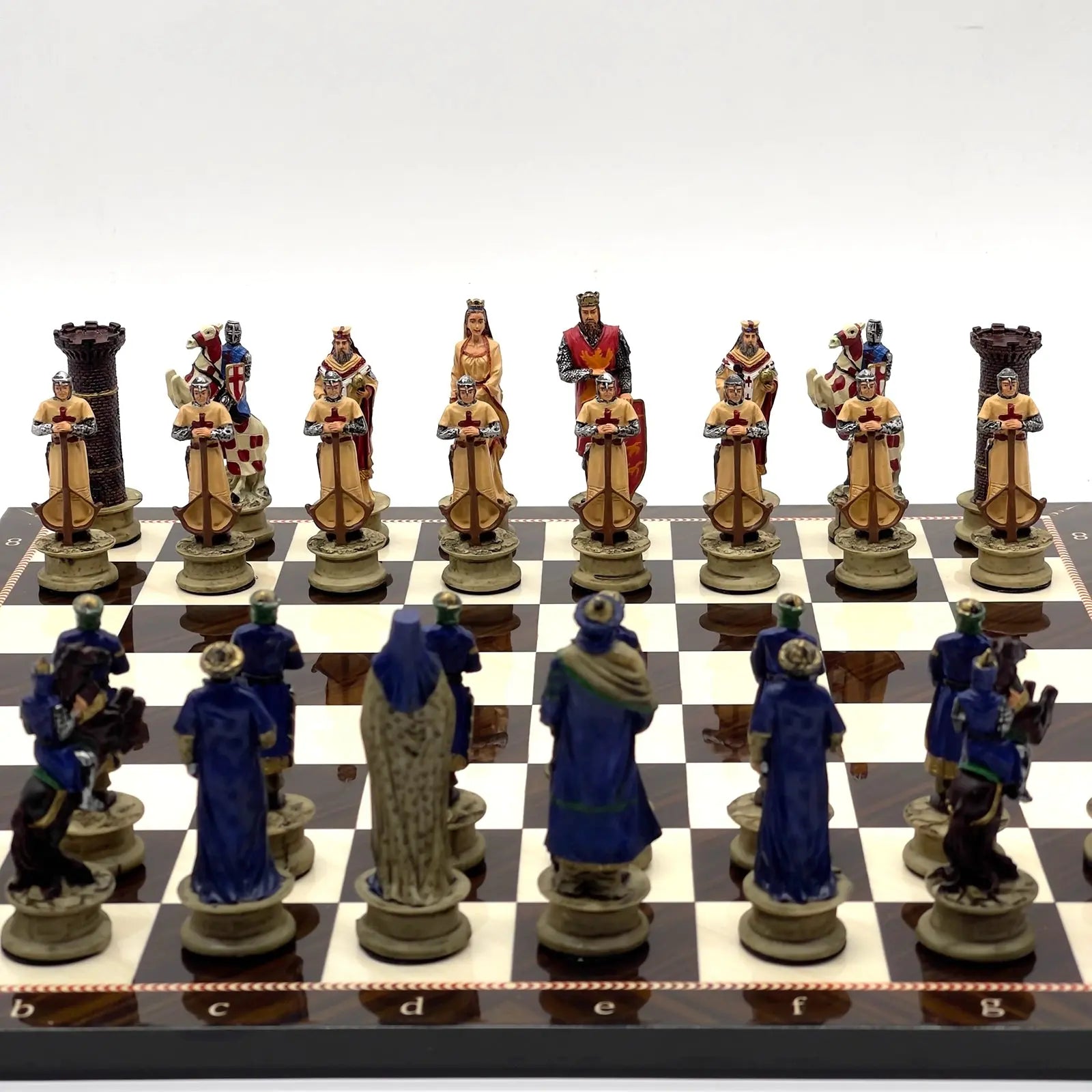 14" Walnut Marble Patterned Chess Set With Crusaders Polyester Chess Pieces