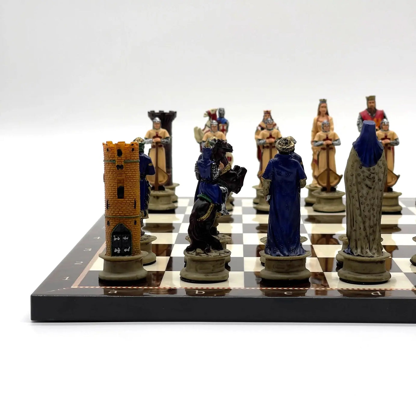 14" Walnut Marble Patterned Chess Set With Crusaders Polyester Chess Pieces