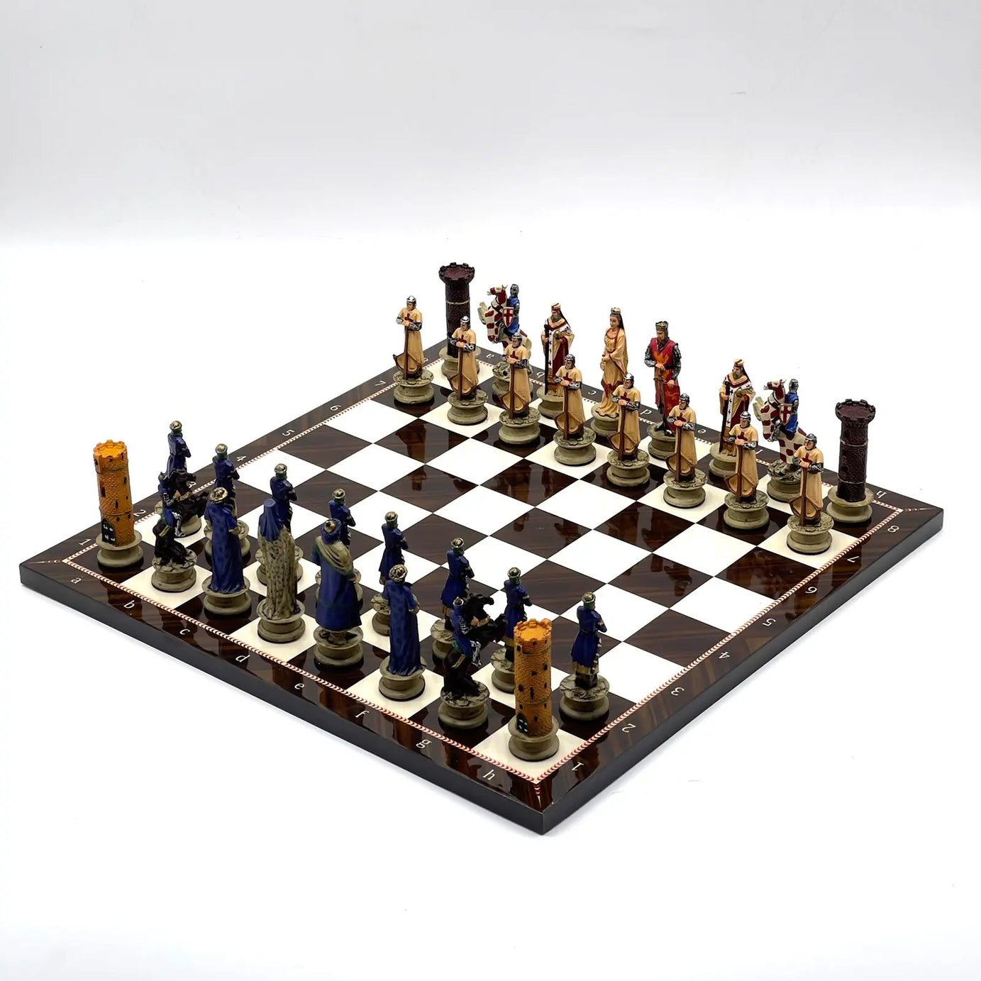 14" Walnut Marble Patterned Chess Set With Crusaders Polyester Chess Pieces
