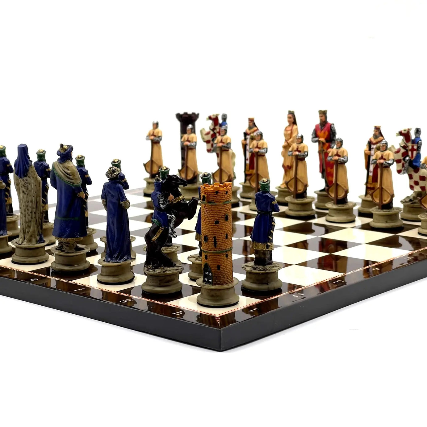 14" Walnut Marble Patterned Chess Set With Crusaders Polyester Chess Pieces