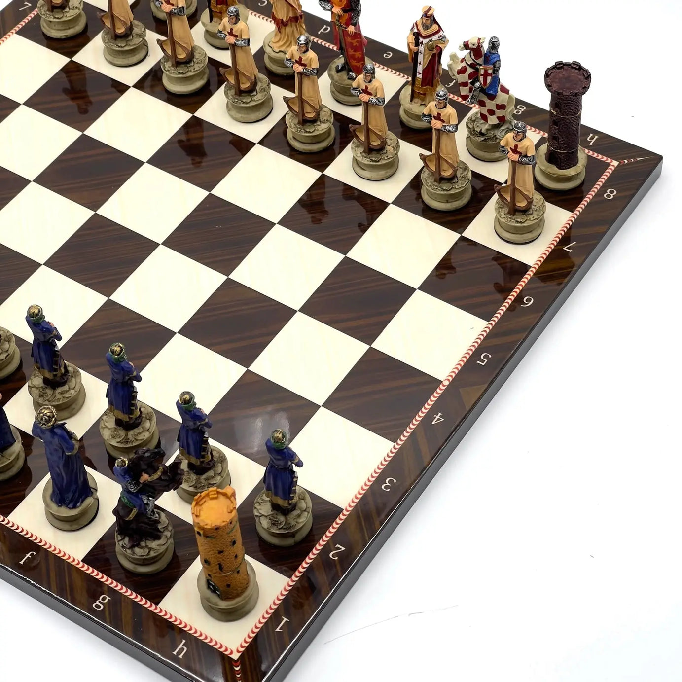 14" Walnut Marble Patterned Chess Set With Crusaders Polyester Chess Pieces