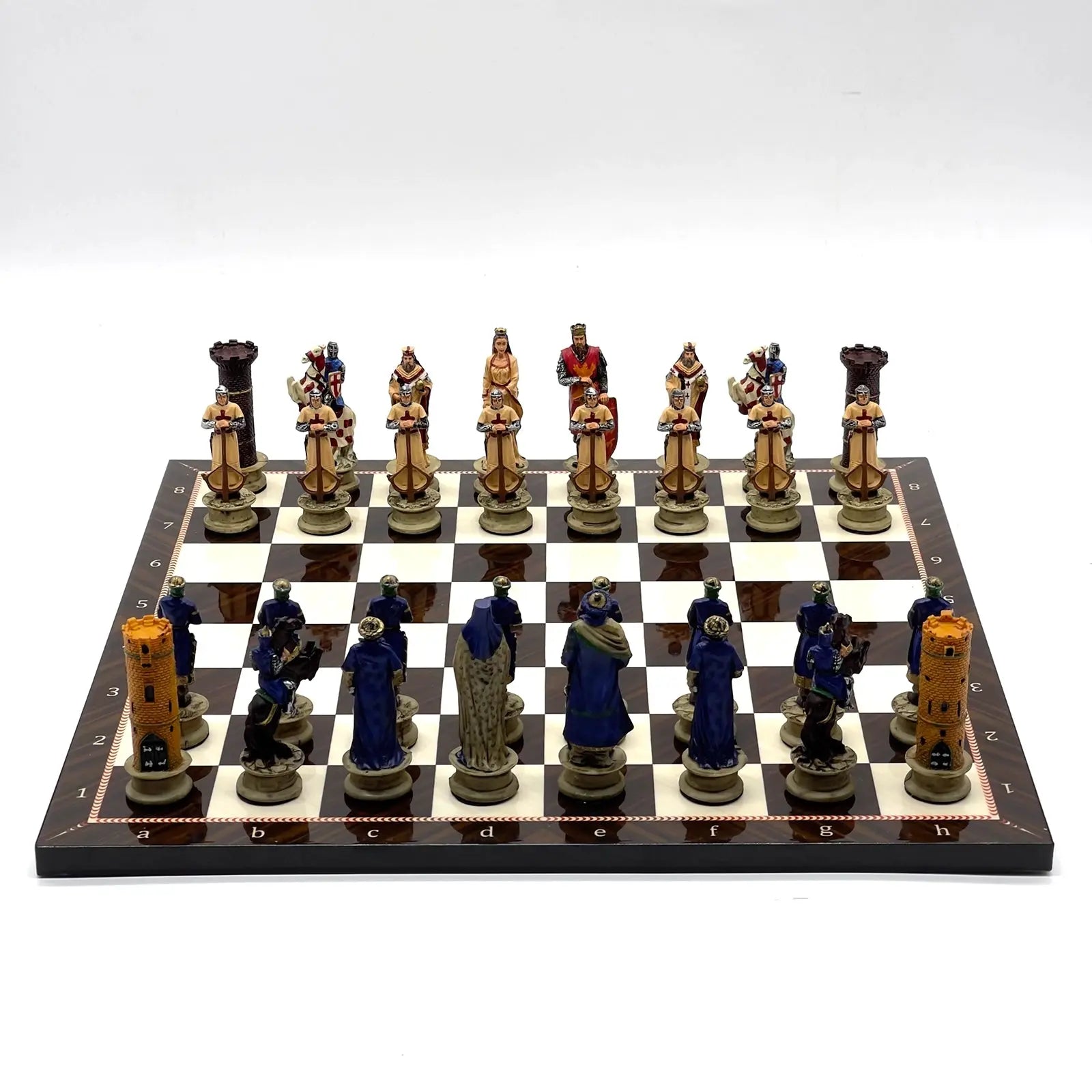 14" Walnut Marble Patterned Chess Set With Crusaders Polyester Chess Pieces