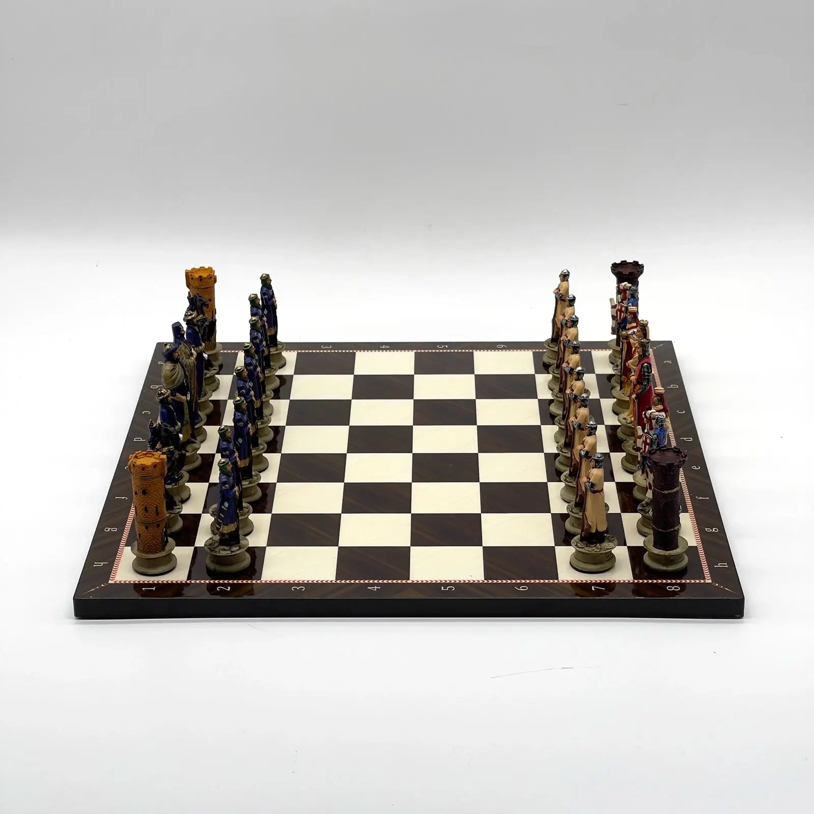 14" Walnut Marble Patterned Chess Set With Crusaders Polyester Chess Pieces