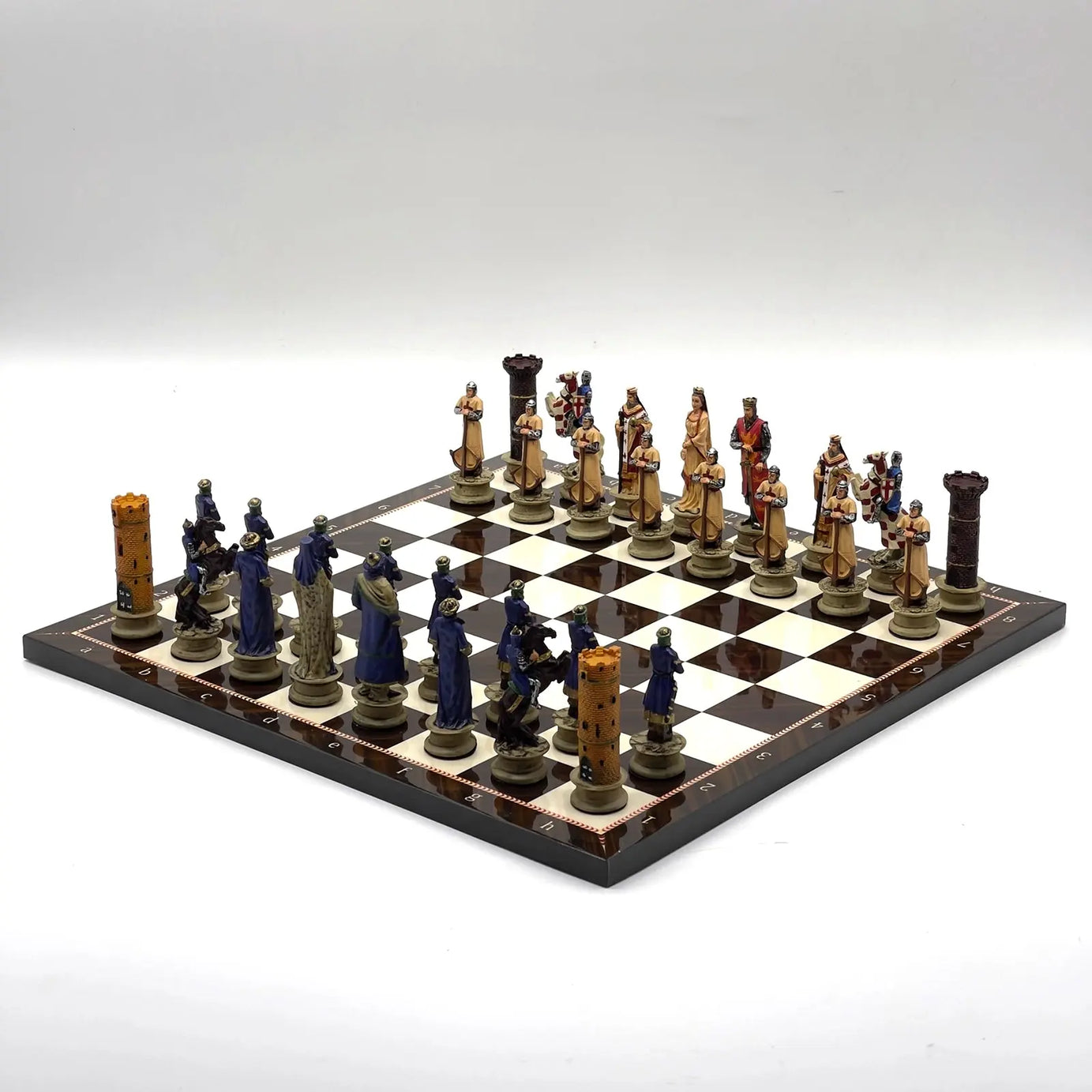 14" Walnut Marble Patterned Chess Set With Crusaders Polyester Chess Pieces