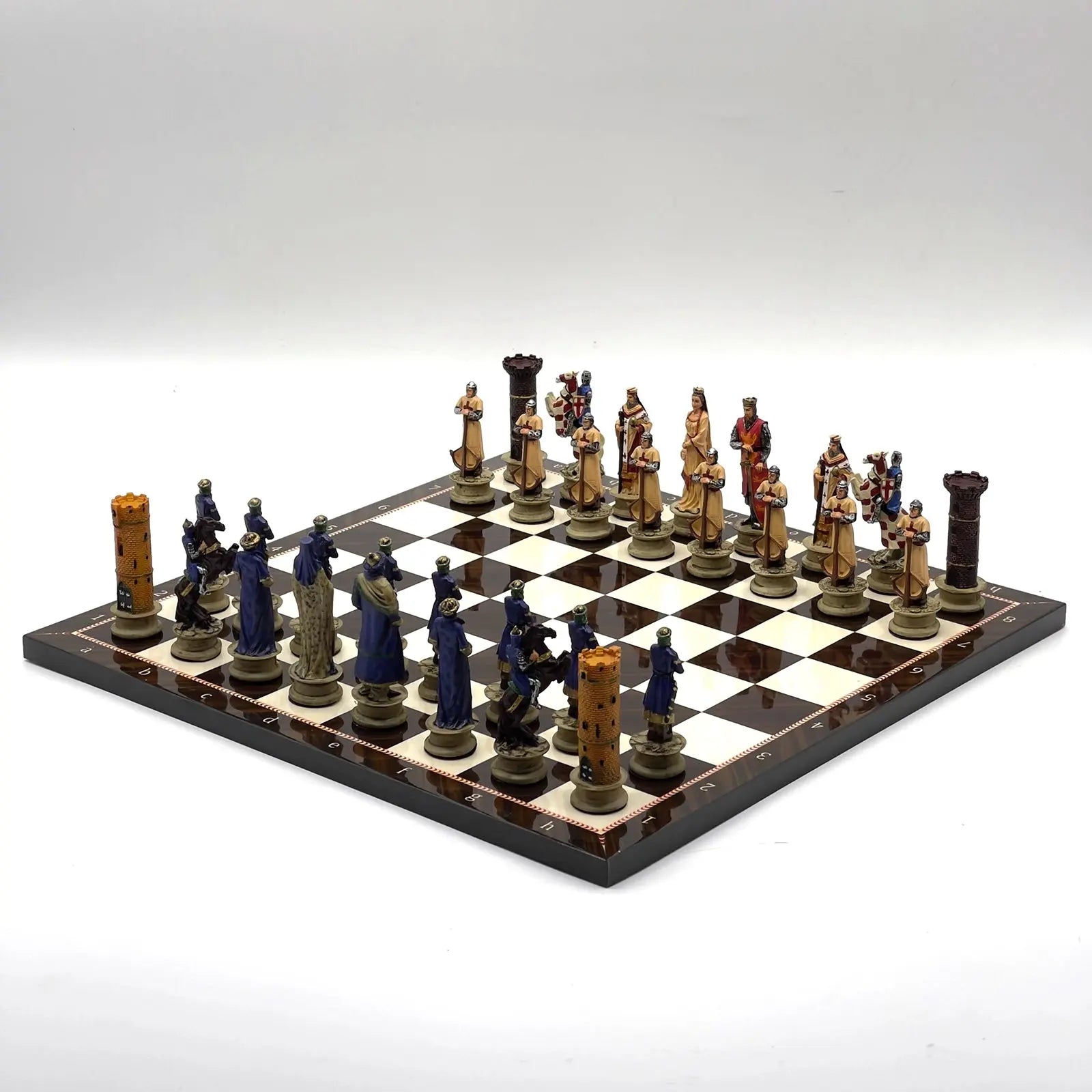 14" Walnut Marble Patterned Chess Set With Crusaders Polyester Chess Pieces