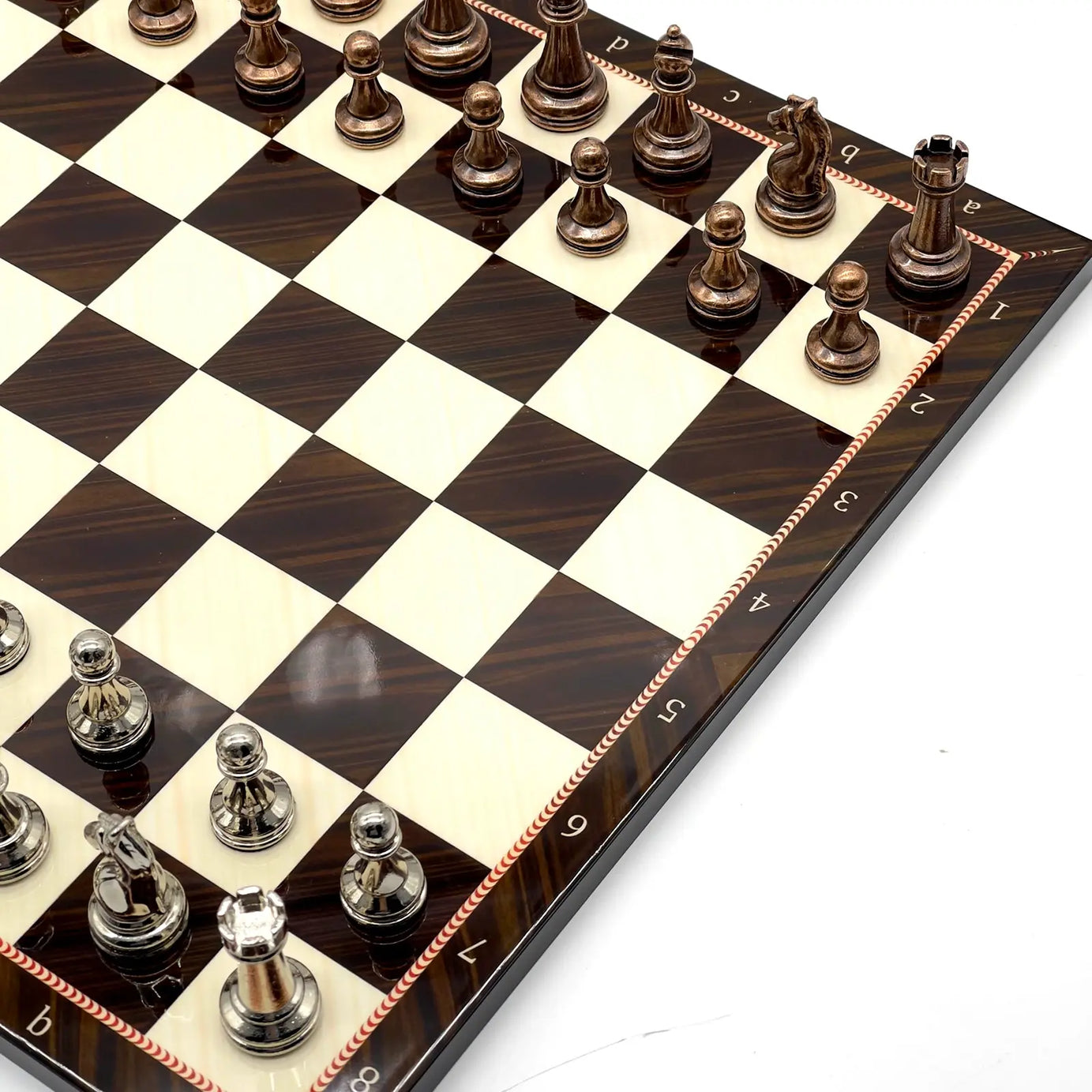 14" Walnut Marble Patterned Chess Set With Metal Chess Pieces