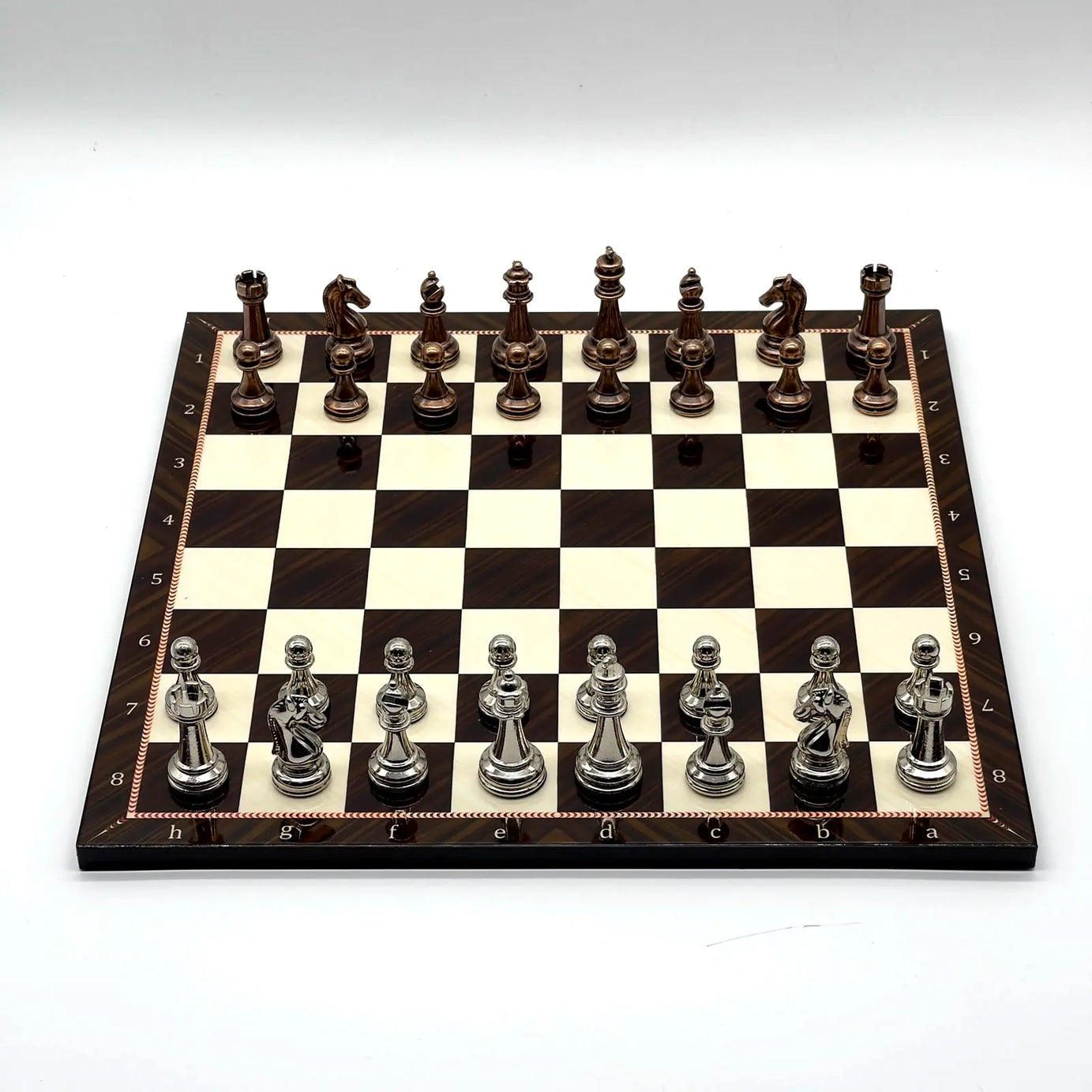 14" Walnut Marble Patterned Chess Set With Metal Chess Pieces
