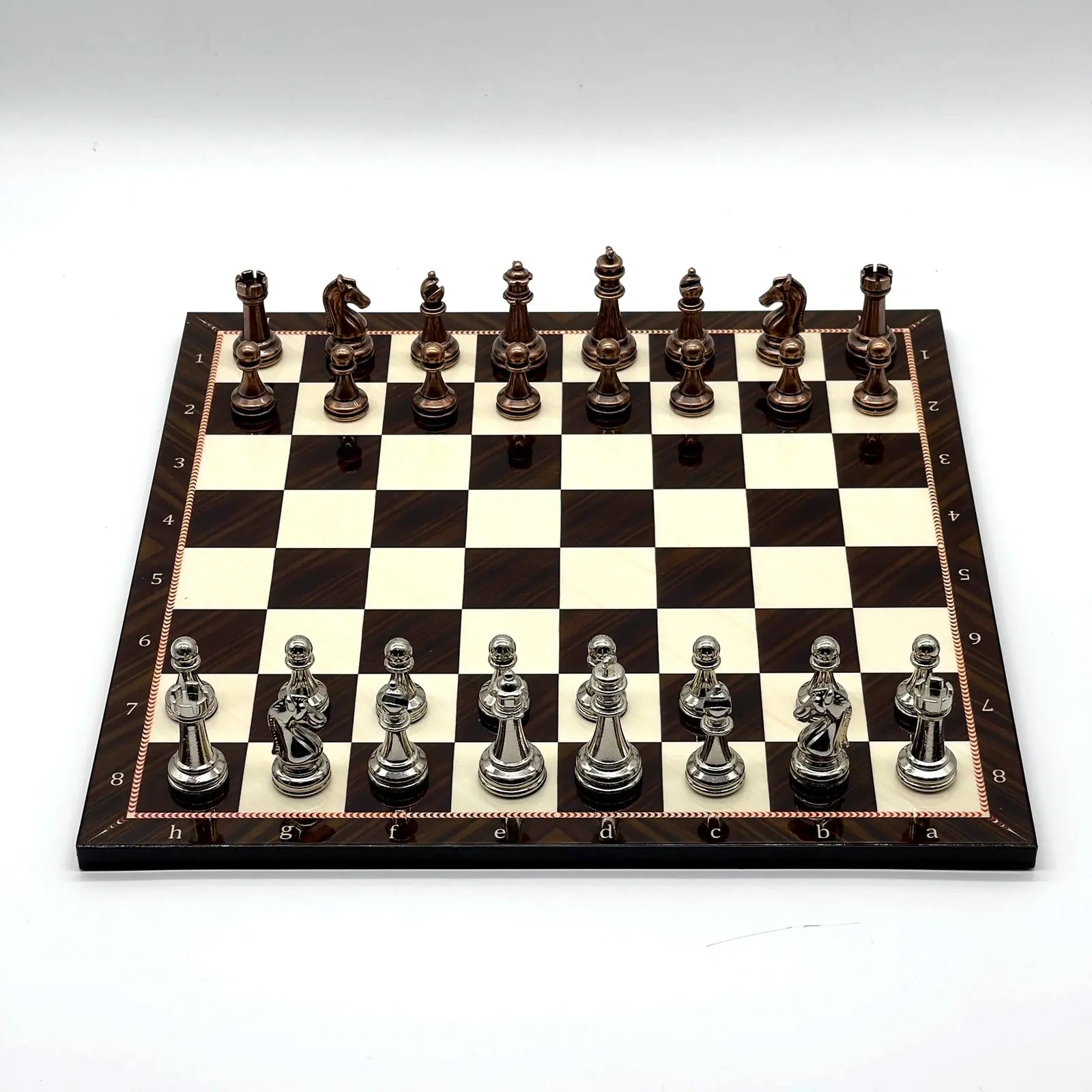 14" Walnut Marble Patterned Chess Set With Metal Chess Pieces
