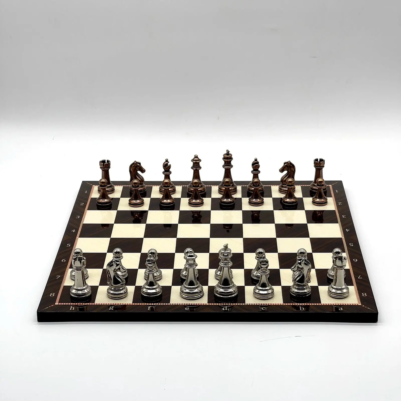 14" Walnut Marble Patterned Chess Set With Metal Chess Pieces