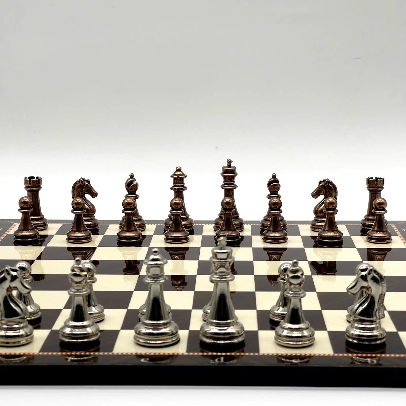 14" Walnut Marble Patterned Chess Set With Metal Chess Pieces