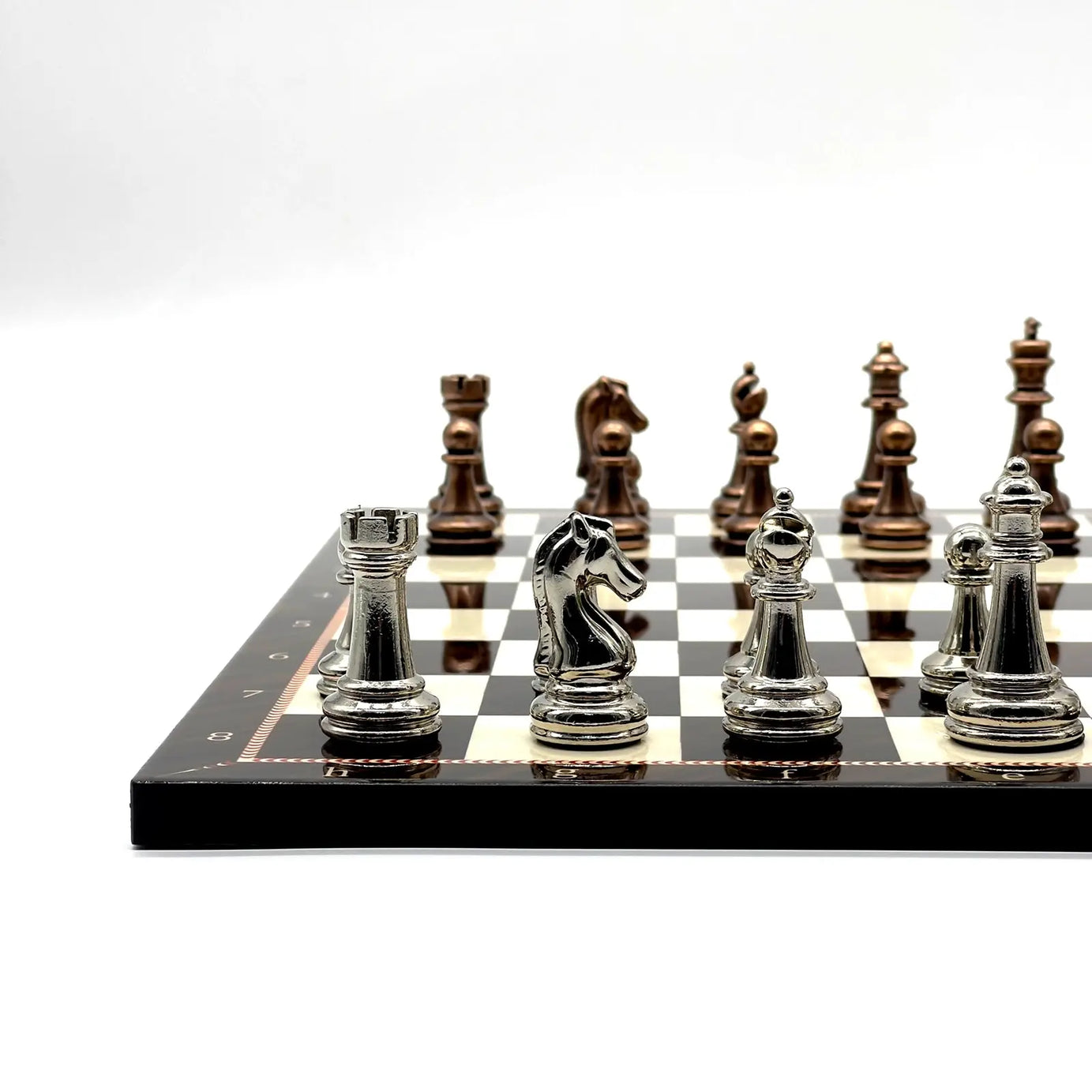 14" Walnut Marble Patterned Chess Set With Metal Chess Pieces